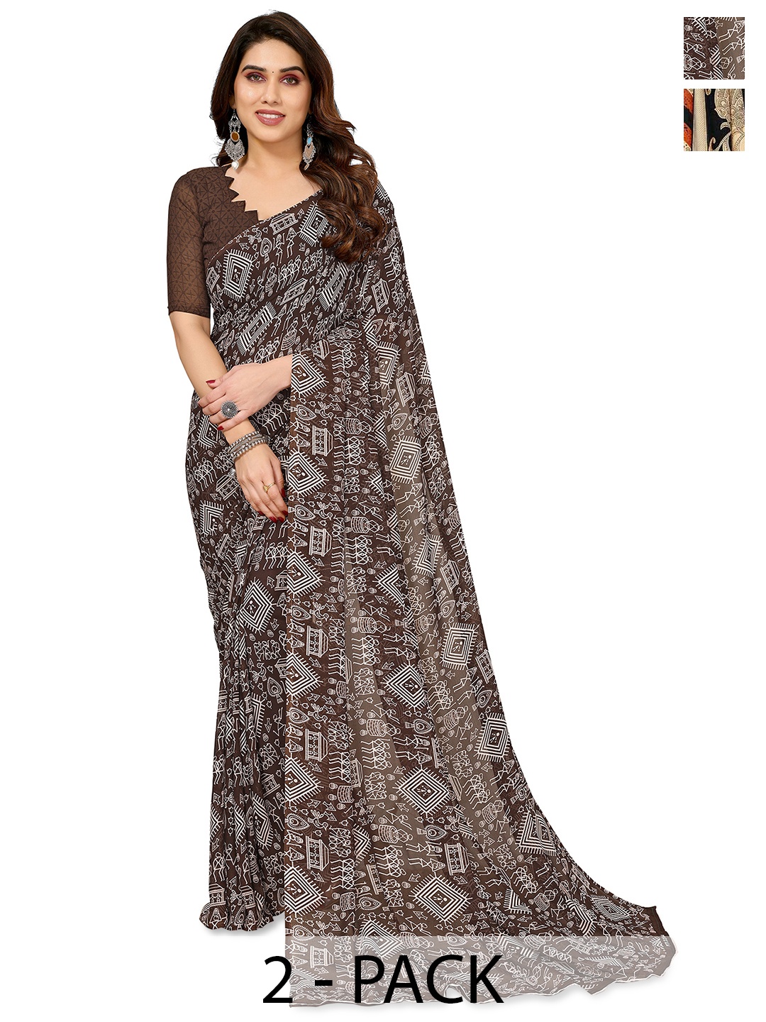 

ANAND SAREES Ethnic Motifs 2-Pack Saree, Brown