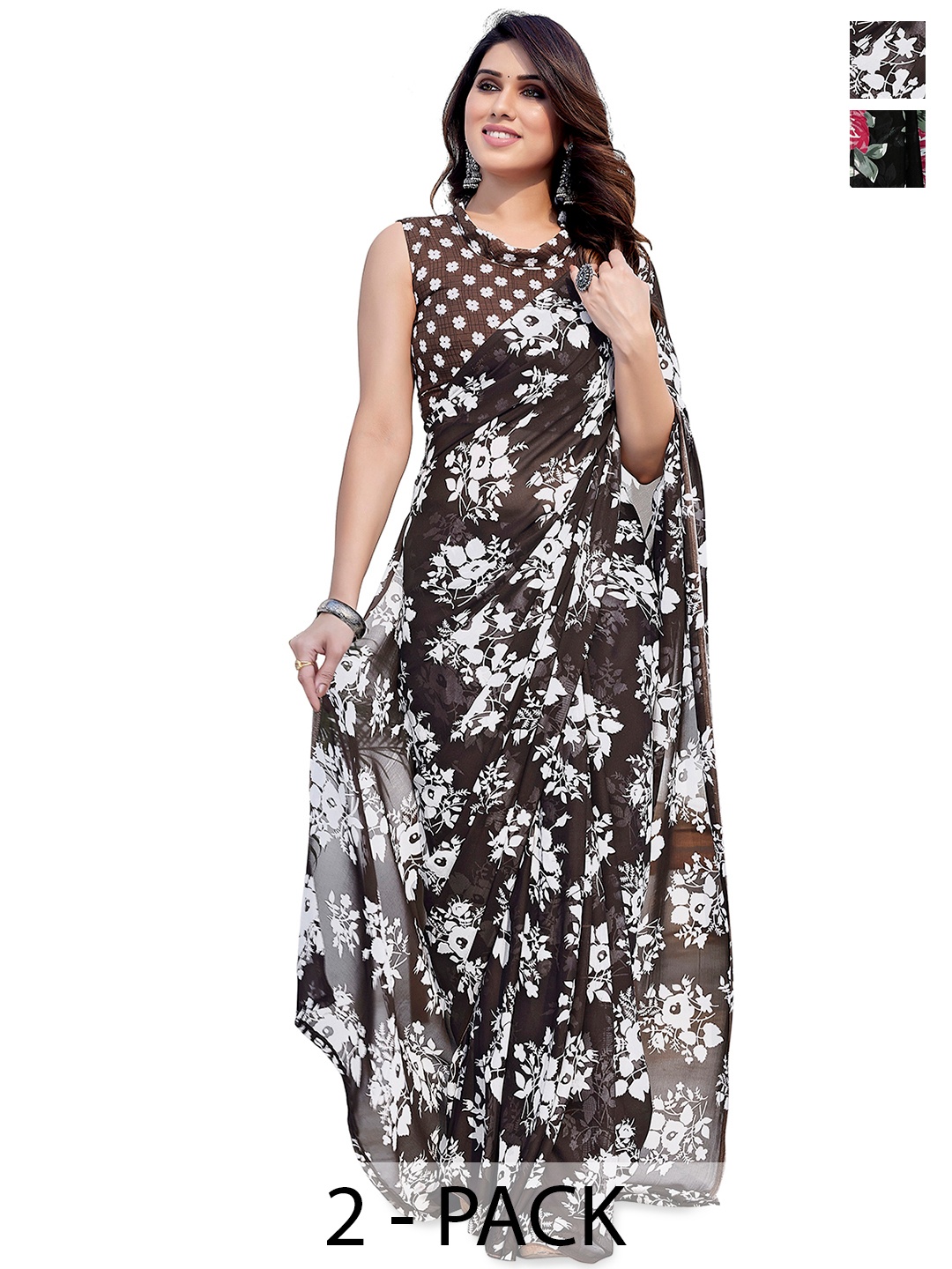 

ANAND SAREES Floral Printed 2-Pack Saree, Black