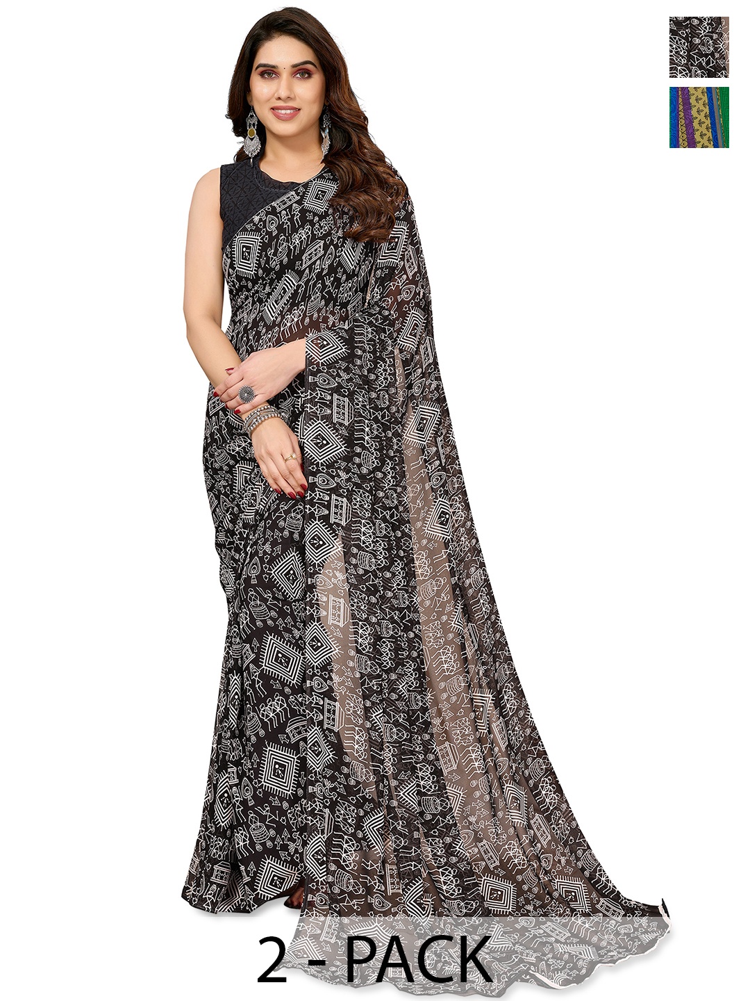 

ANAND SAREES Ethnic Motifs 2-Pack Saree, Black