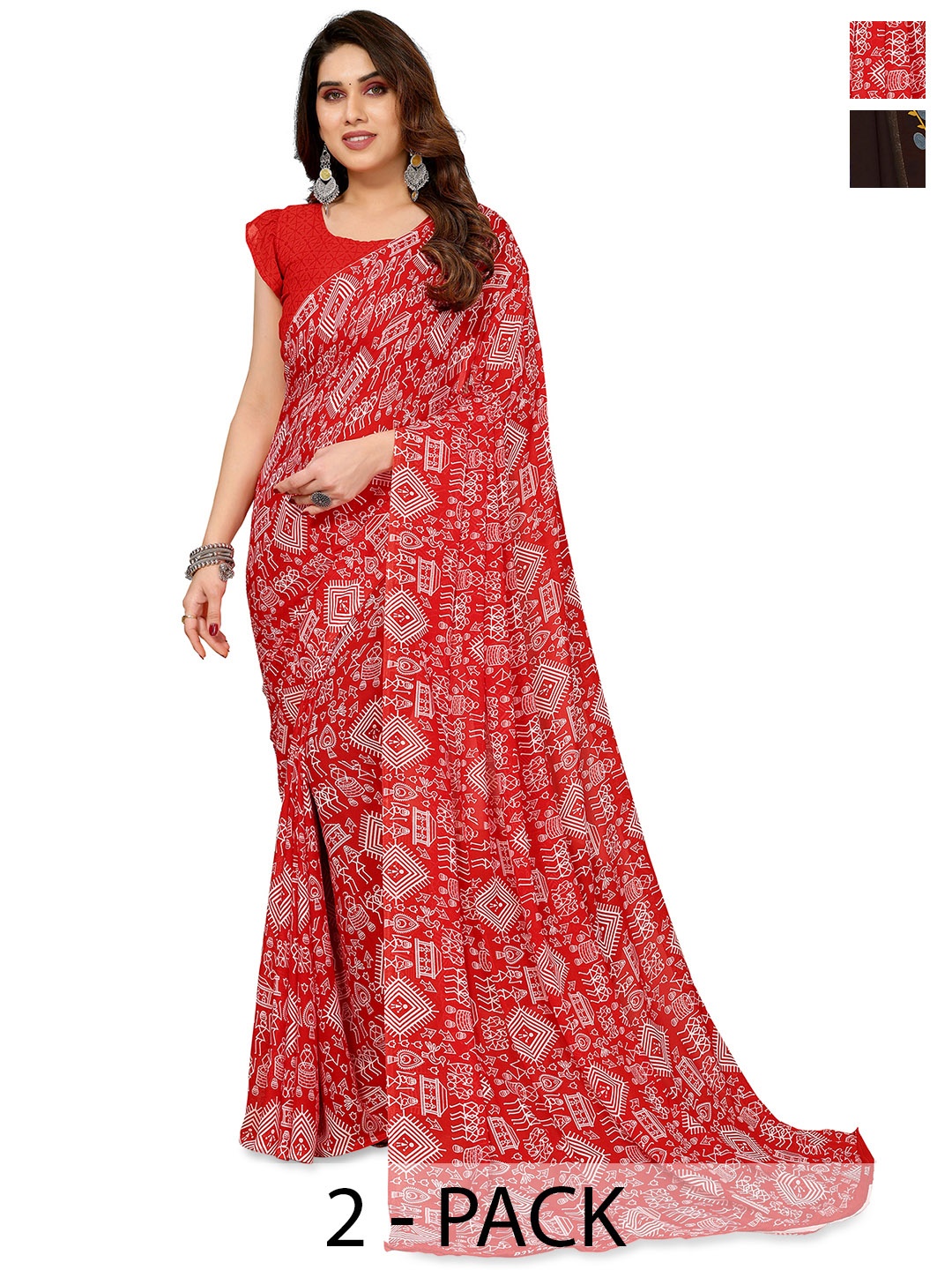 

ANAND SAREES Ethnic Motifs 2-Pack Saree, Red