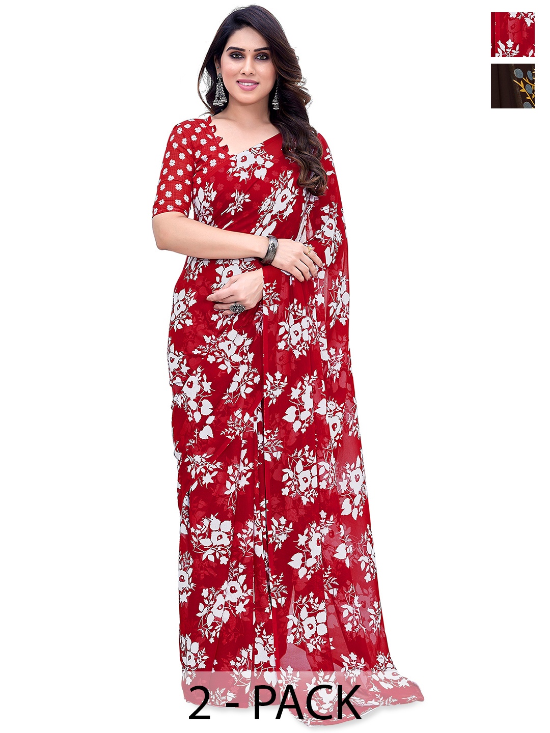 

ANAND SAREES Floral 2-Pack Saree, Red