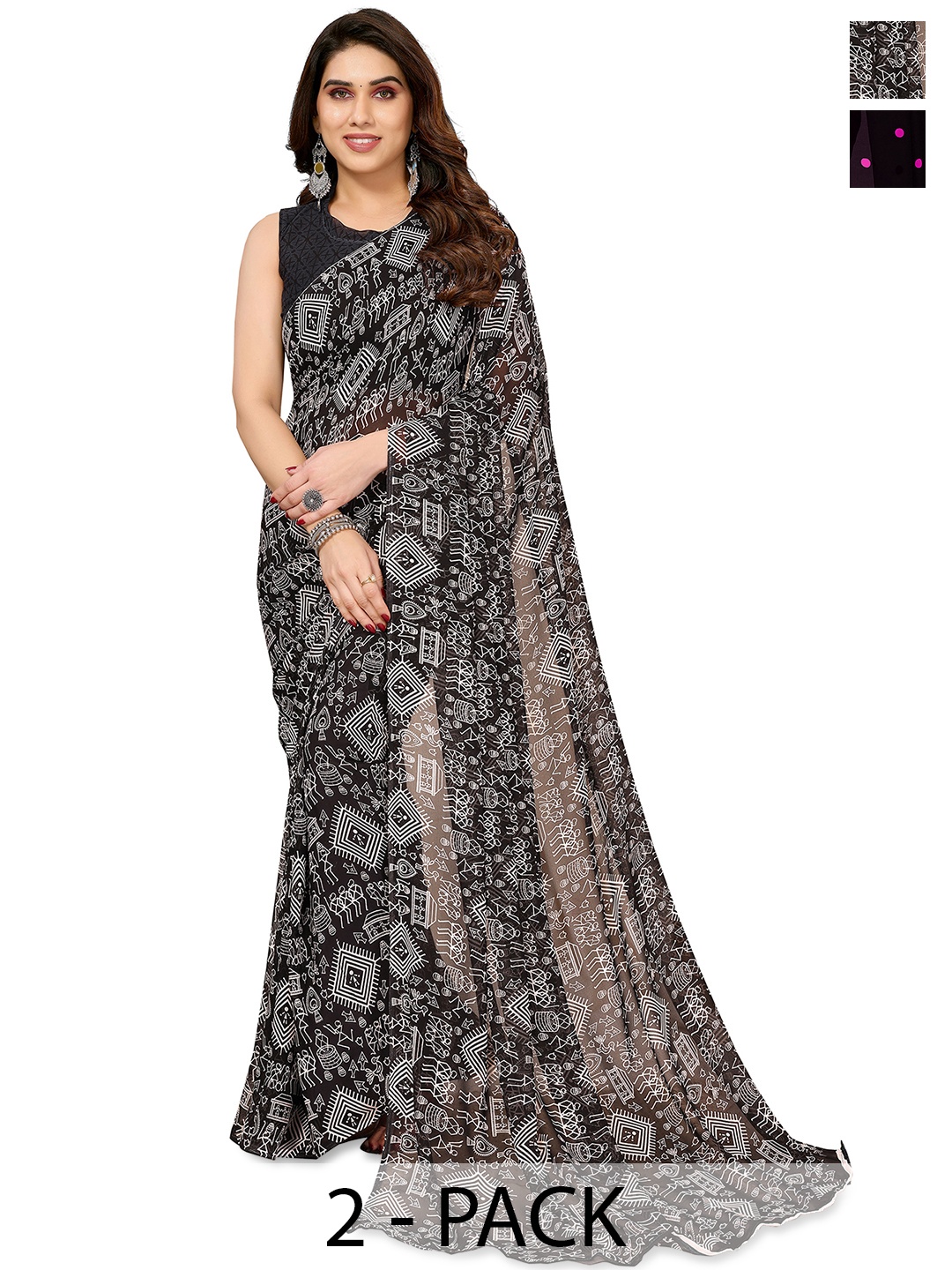 

ANAND SAREES Polka Dots 2-Pack Saree, Black