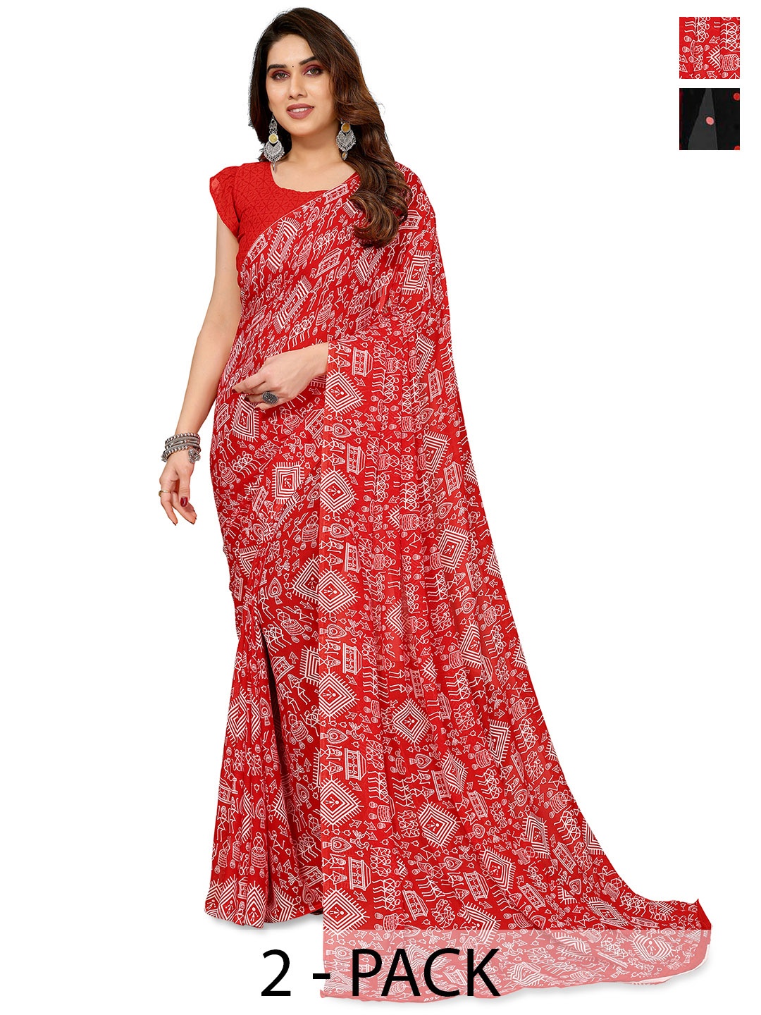 

ANAND SAREES Polka Dot 2-Pack Half and Half Saree, Red