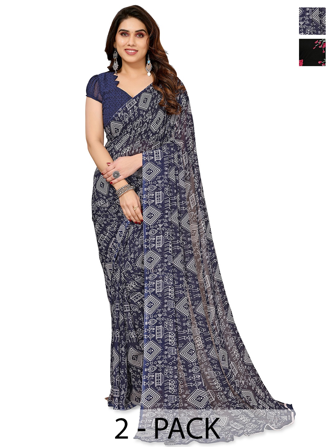 

ANAND SAREES Ethnic Motifs 2-Pack Saree, Navy blue