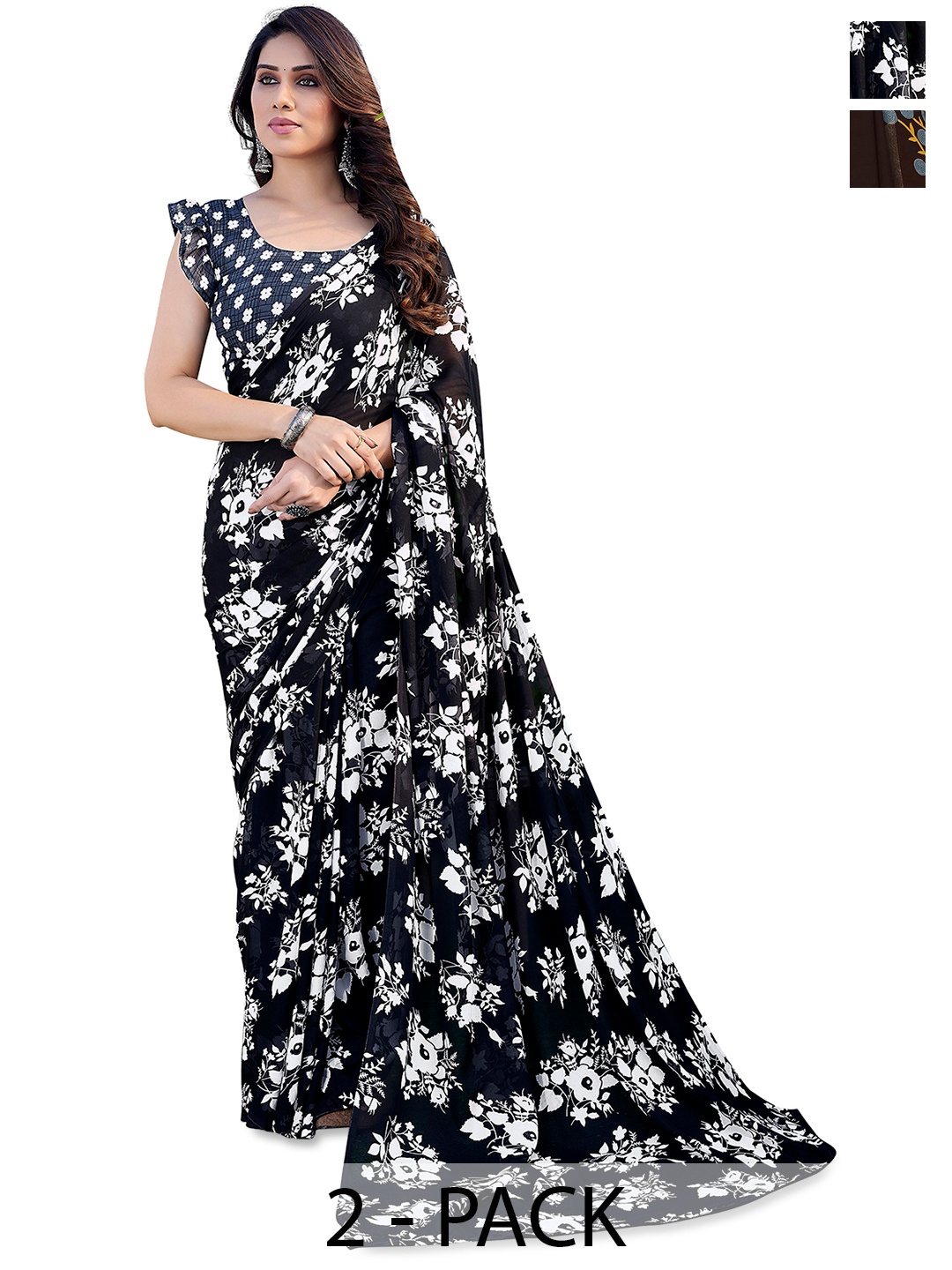 

ANAND SAREES Floral 2-Pack Saree, Black