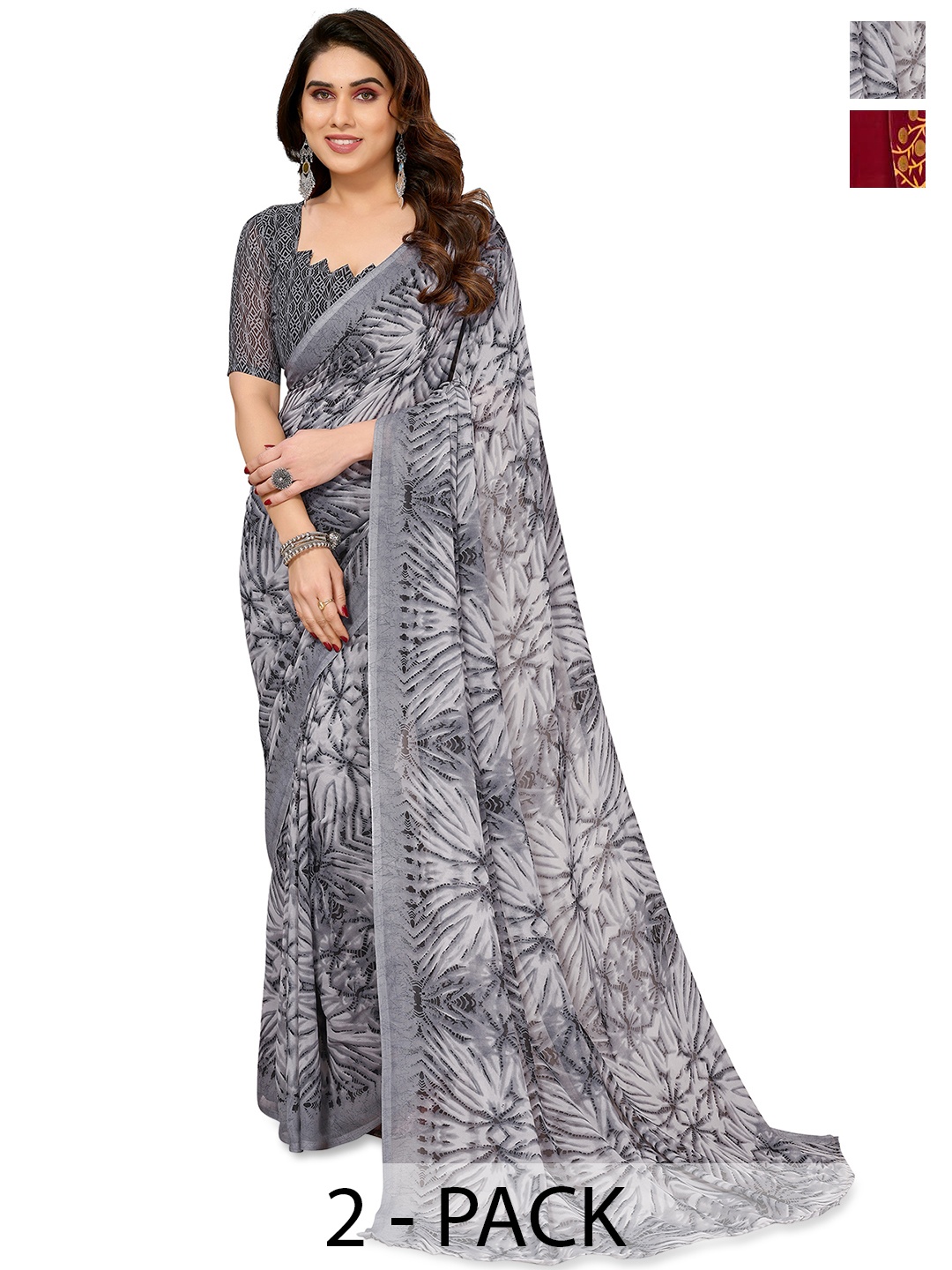 

ANAND SAREES Abstract Printed 2-Pack Saree, Grey