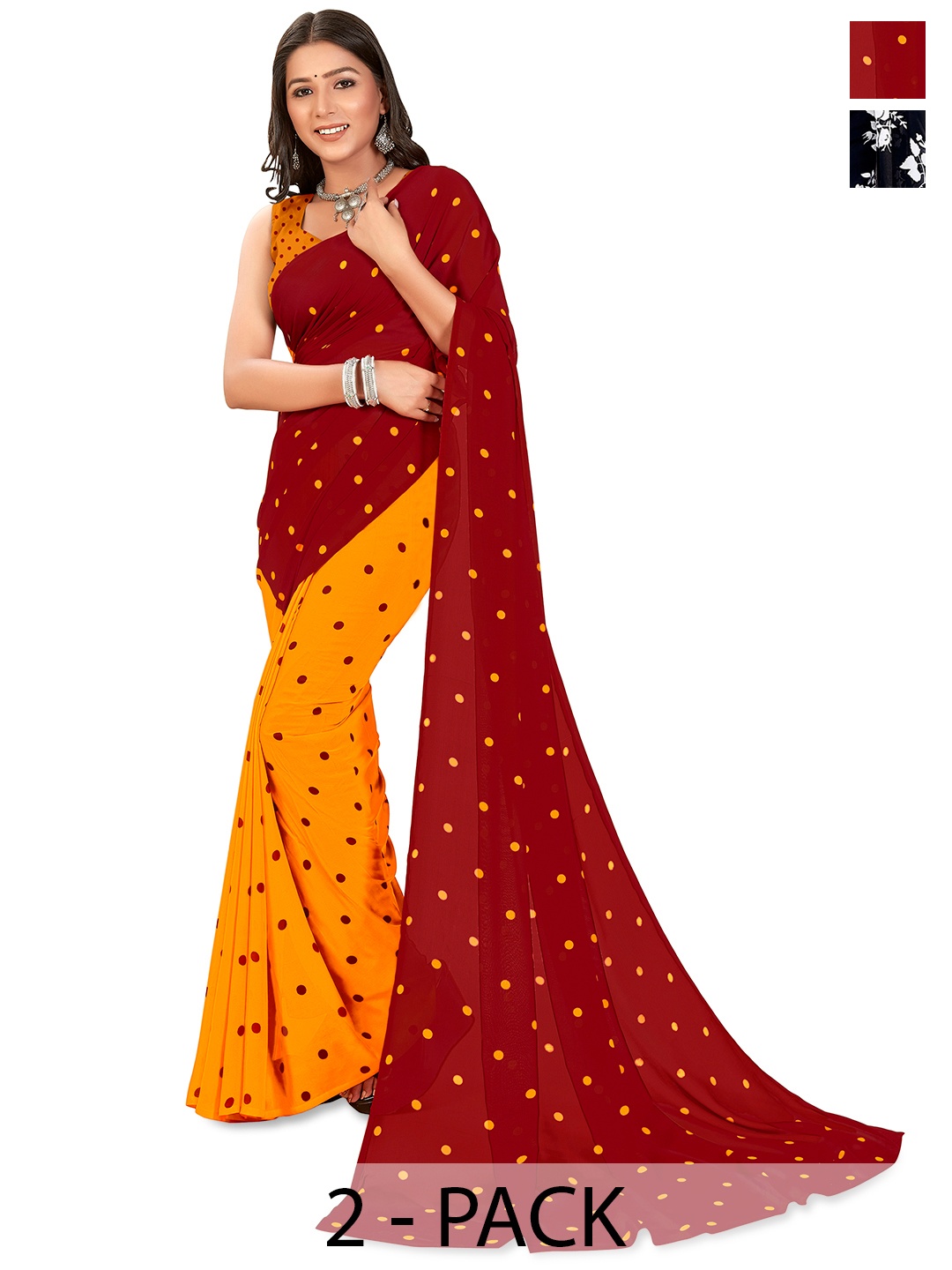 

ANAND SAREES Polka Dot 2-Pack Half and Half Saree, Red