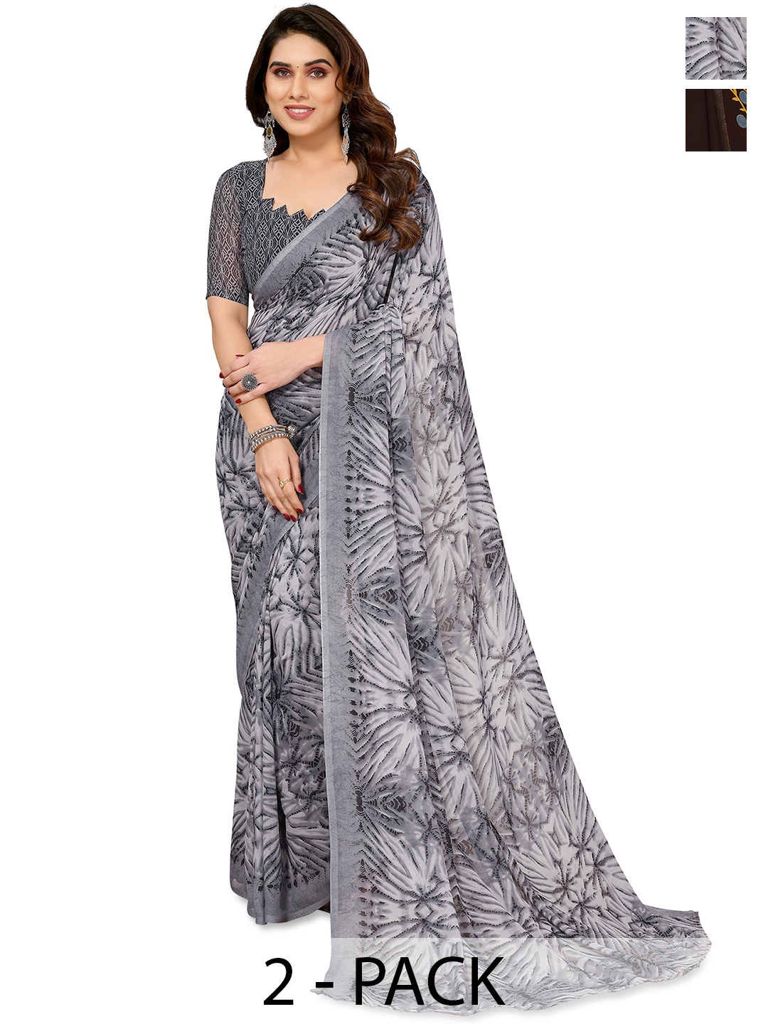 

ANAND SAREES Abstract Printed 2-Pack Saree, Grey