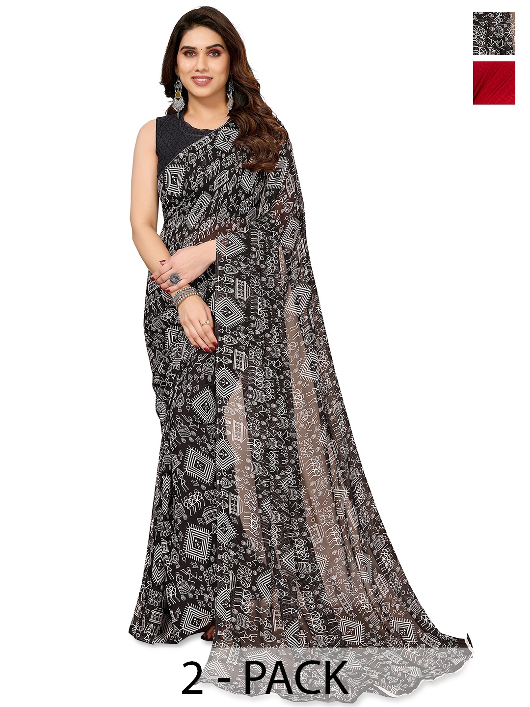 

ANAND SAREES Warli 2-Pack Saree, Brown
