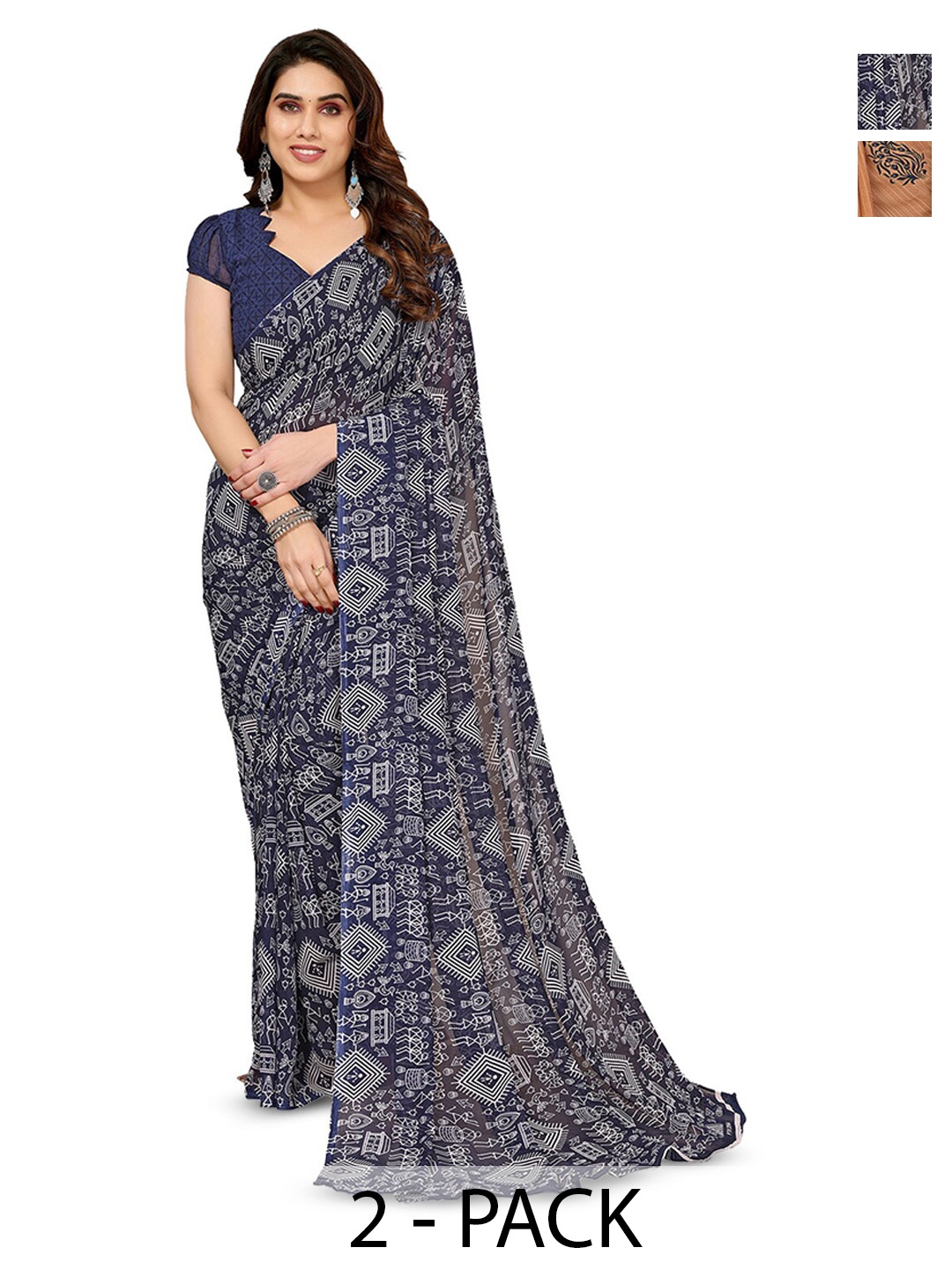 

ANAND SAREES Selection Of 2 Warli Printed Sarees, Blue