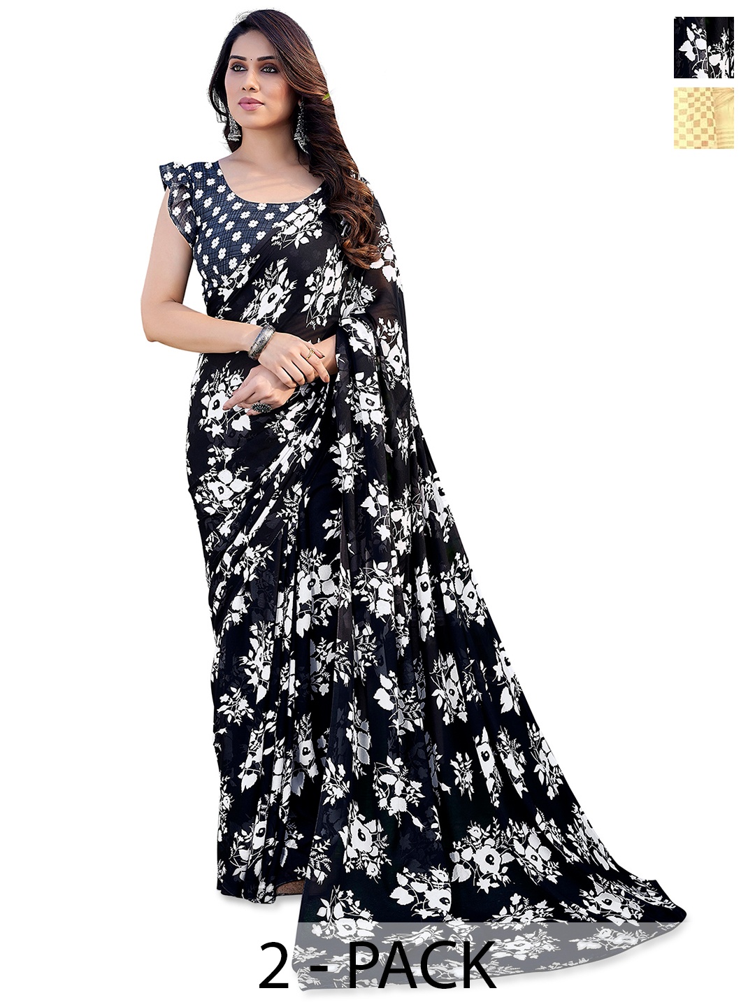 ANAND SAREES Floral Poly Georgette Half and Half Saree, Cream
