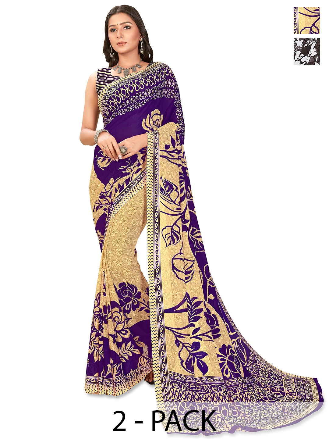 

ANAND SAREES Floral Poly Georgette Half and Half Saree, Cream