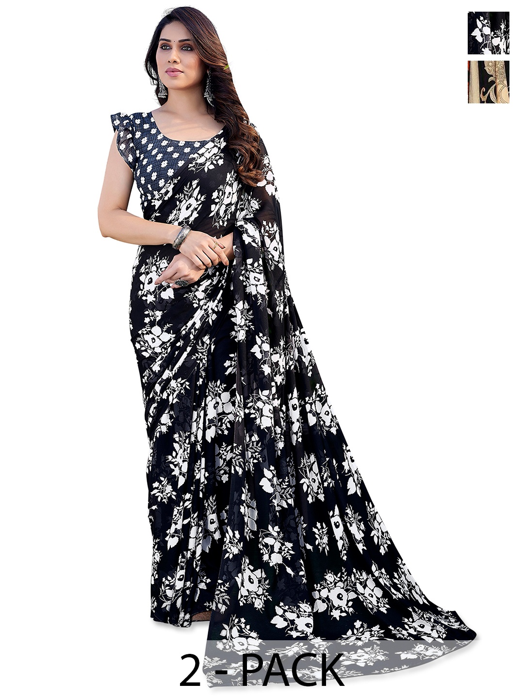 

ANAND SAREES Floral 2-Pack Saree, Black