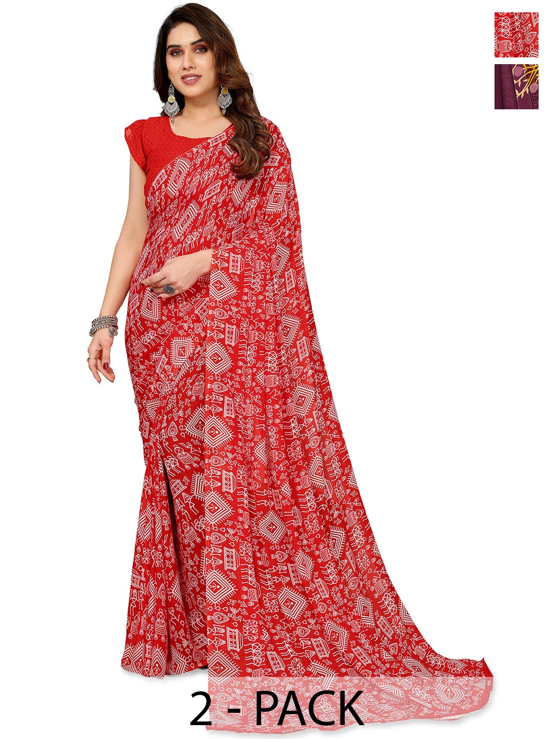 

ANAND SAREES Warli 2-Pack Saree, Red