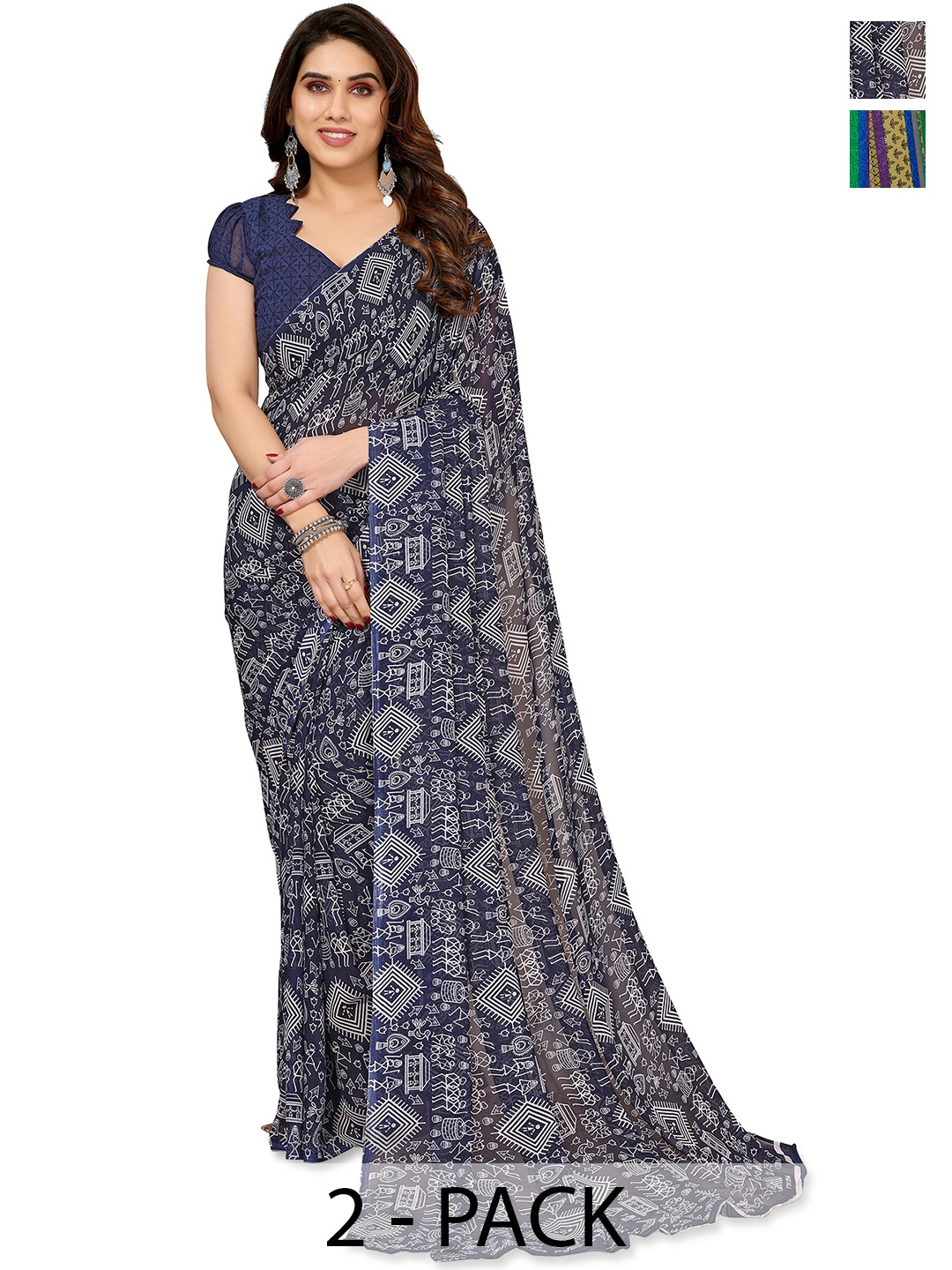 

ANAND SAREES Warli 2-Pack Saree, Blue