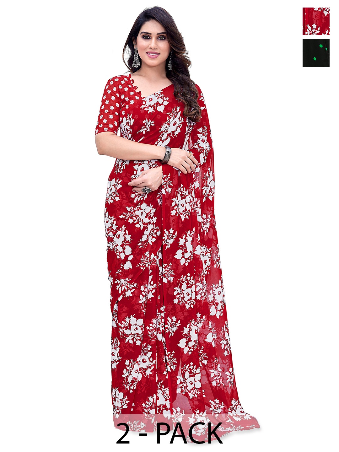 

ANAND SAREES Selection of 2 Floral Printed Saree, Black