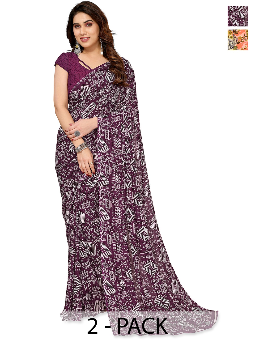 

ANAND SAREES Warli 2-Pack Saree, Maroon