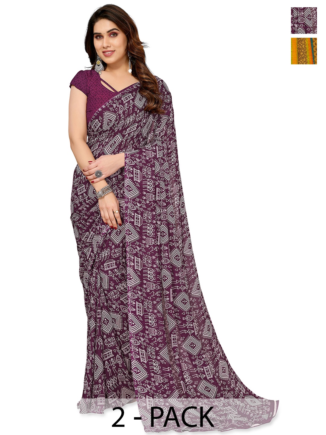 

ANAND SAREES Warli 2-Pack Saree, Purple