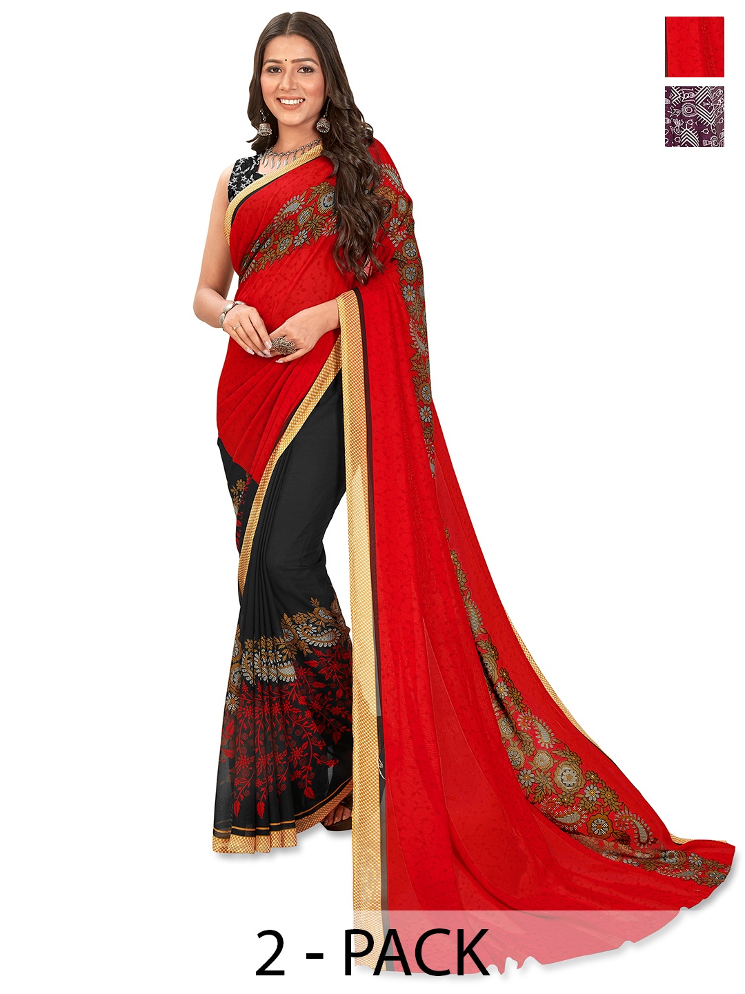 

ANAND SAREES Ethnic Motifs 2-Pack Saree, Burgundy