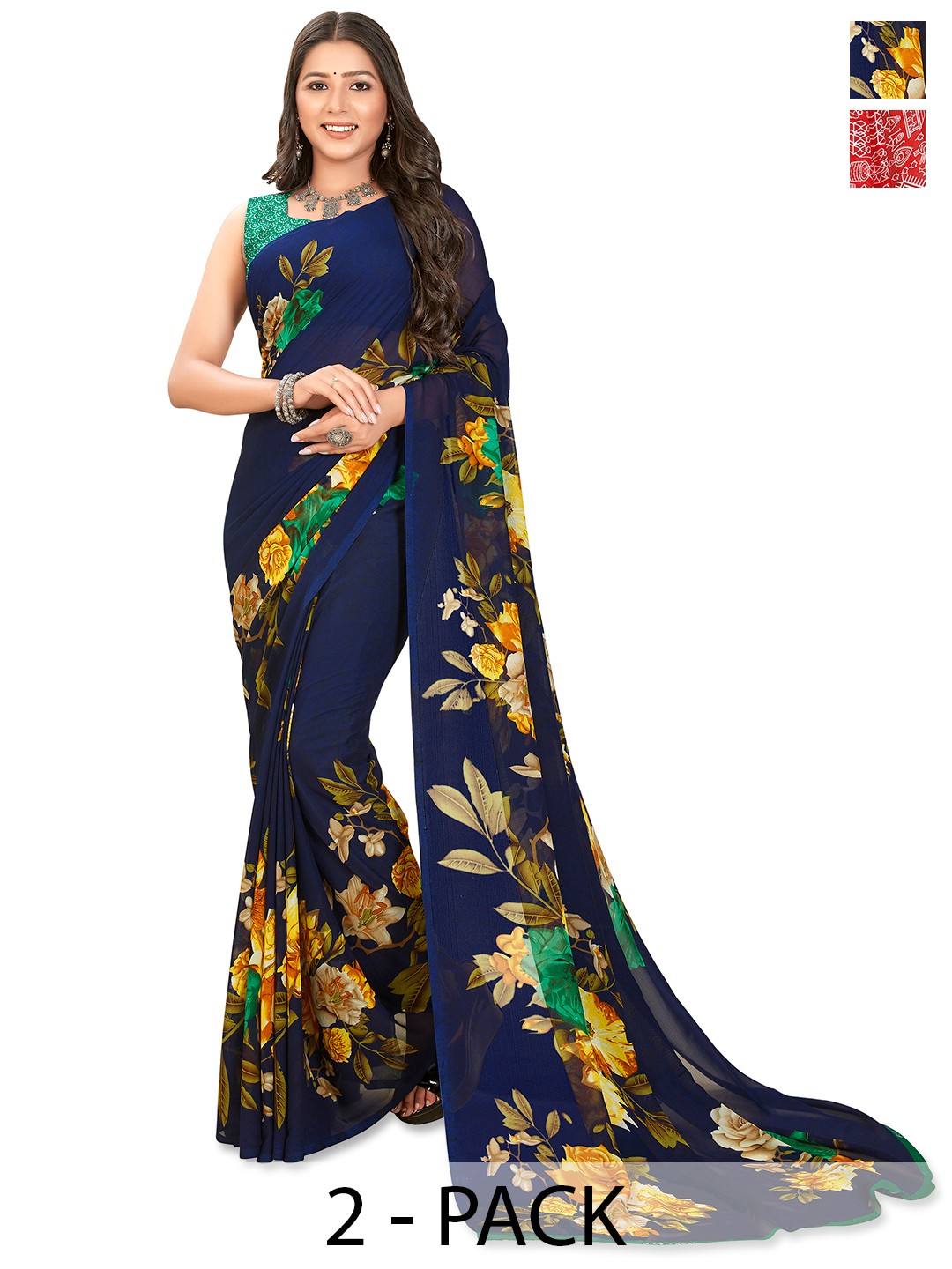 

ANAND SAREES Floral 2-Pack Saree, Navy blue