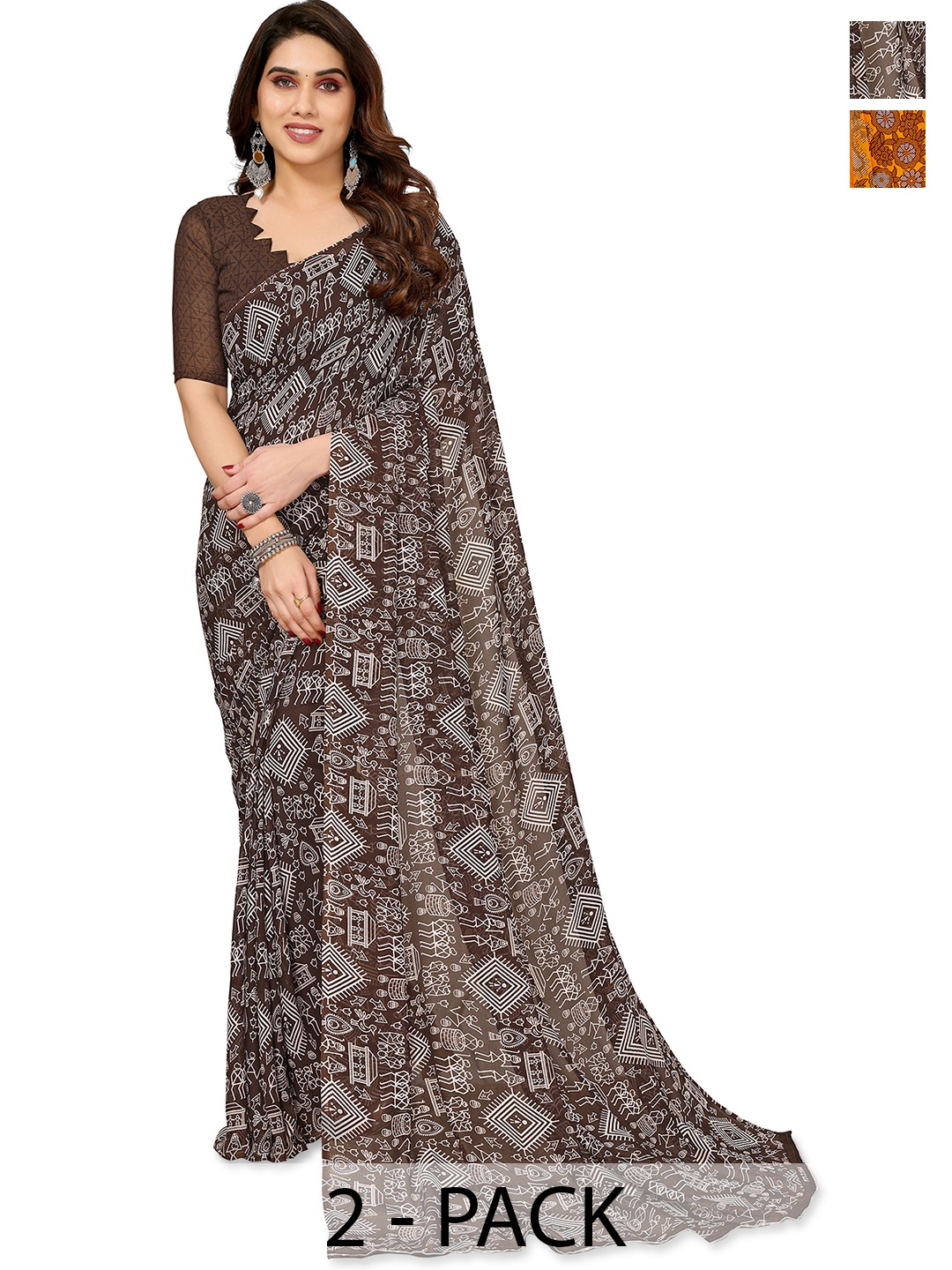 

ANAND SAREES Warli 2-Pack Saree, Brown