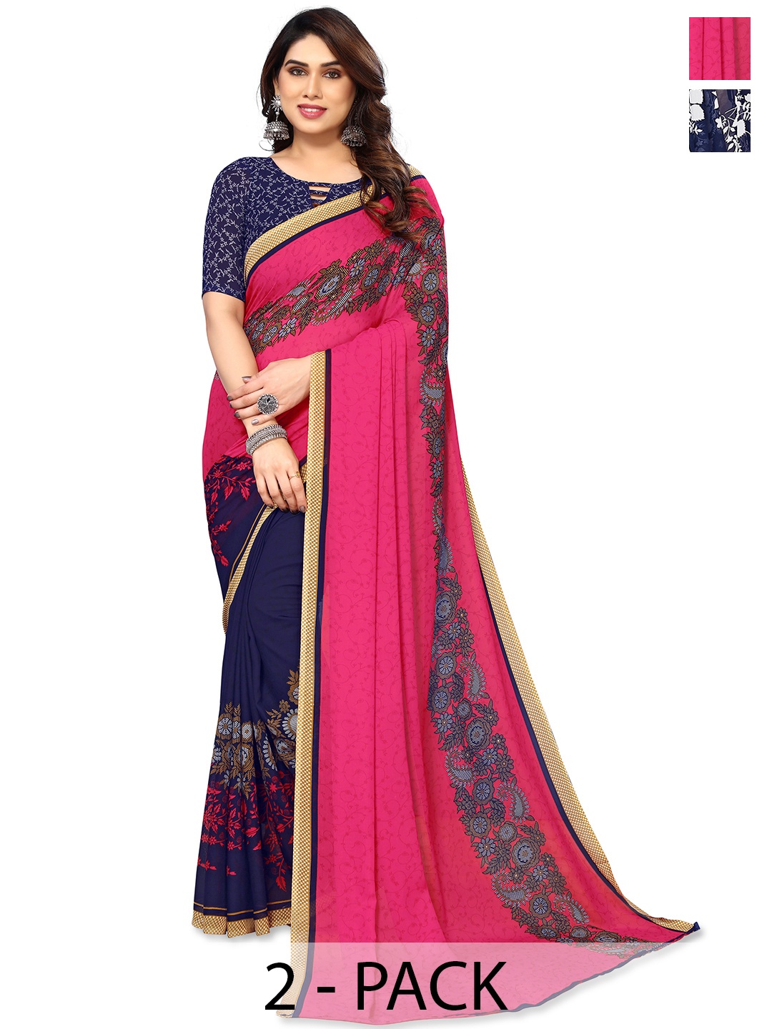 

ANAND SAREES Floral 2-Pack Saree, Navy blue