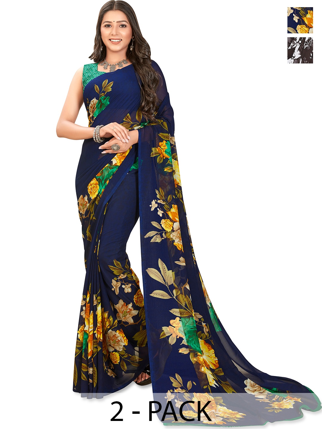 

ANAND SAREES Floral 2-Pack Saree, Navy blue