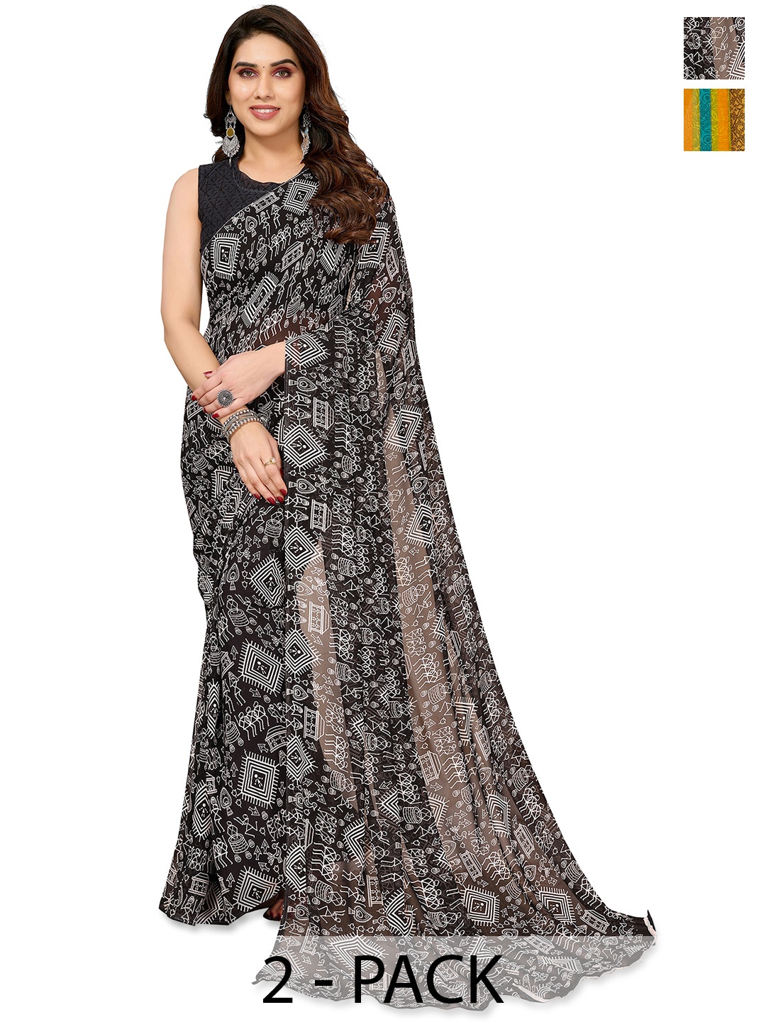 

ANAND SAREES Warli 2-Pack Saree, Brown