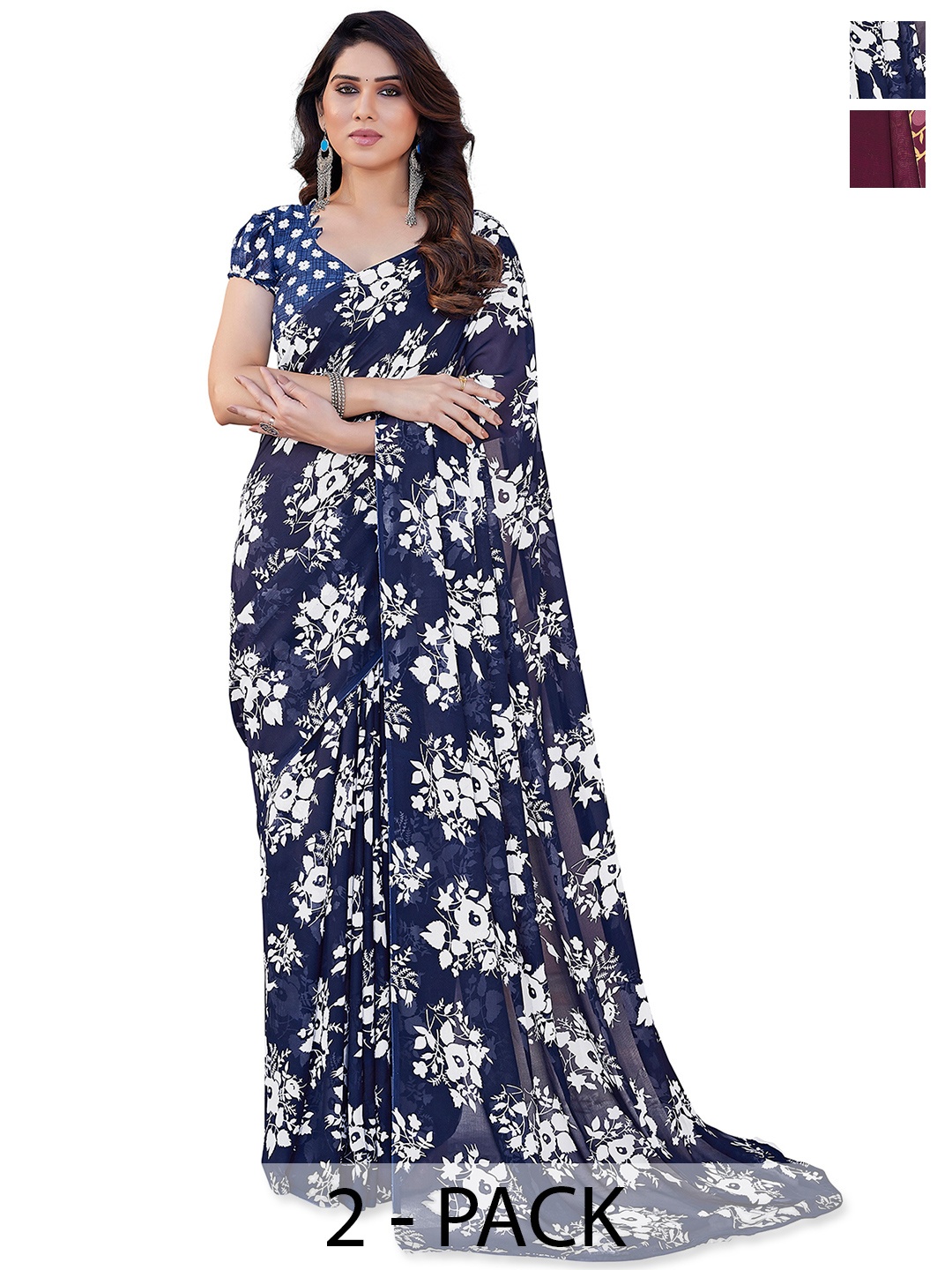 

ANAND SAREES Selection of 2 Floral Printed Saree, Blue