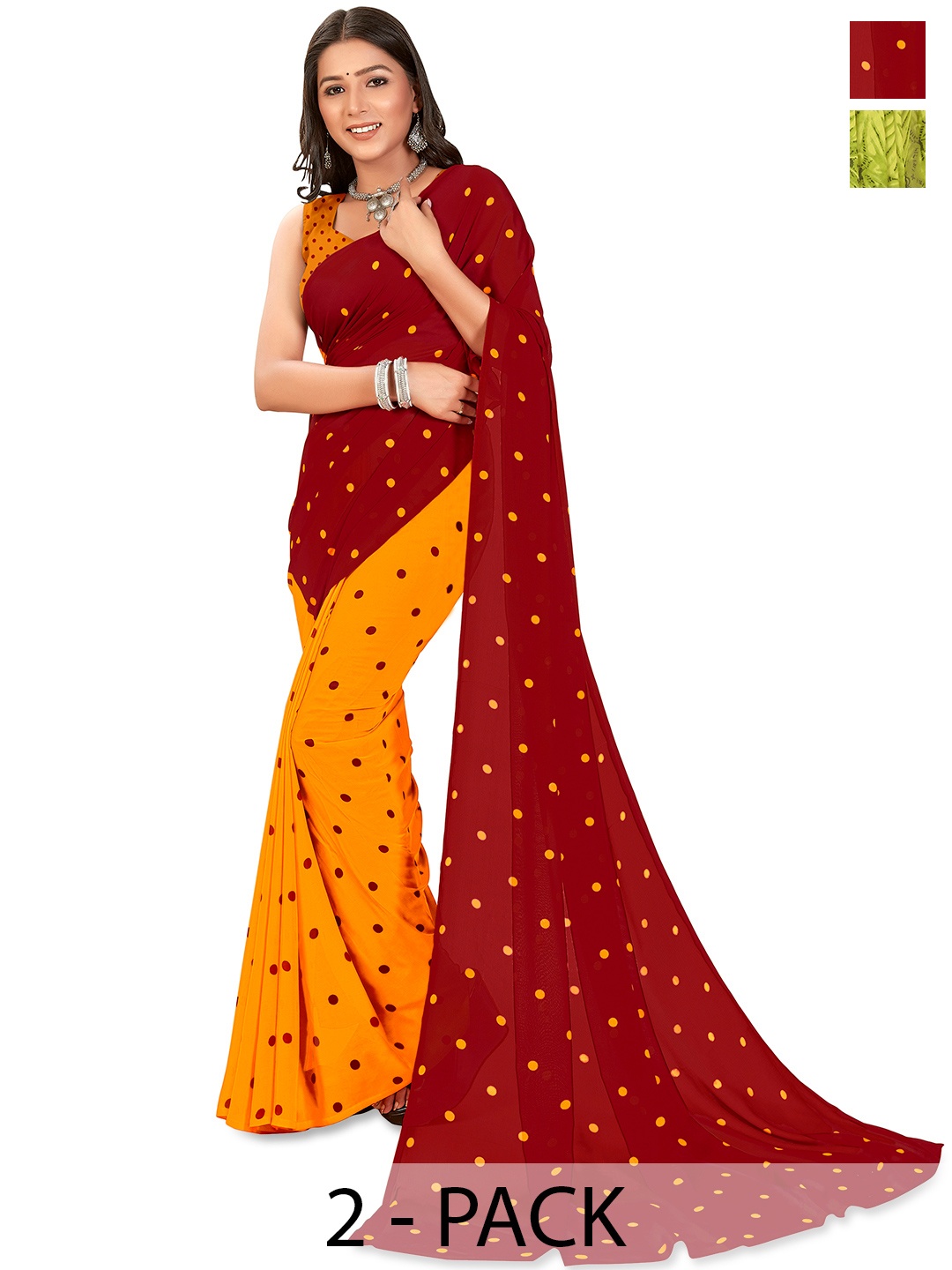 

ANAND SAREES Polka Dot 2-Pack Saree, Red