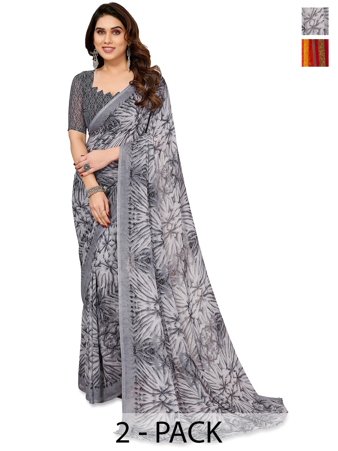 

ANAND SAREES Abstract Printed 2-Pack Saree, Grey