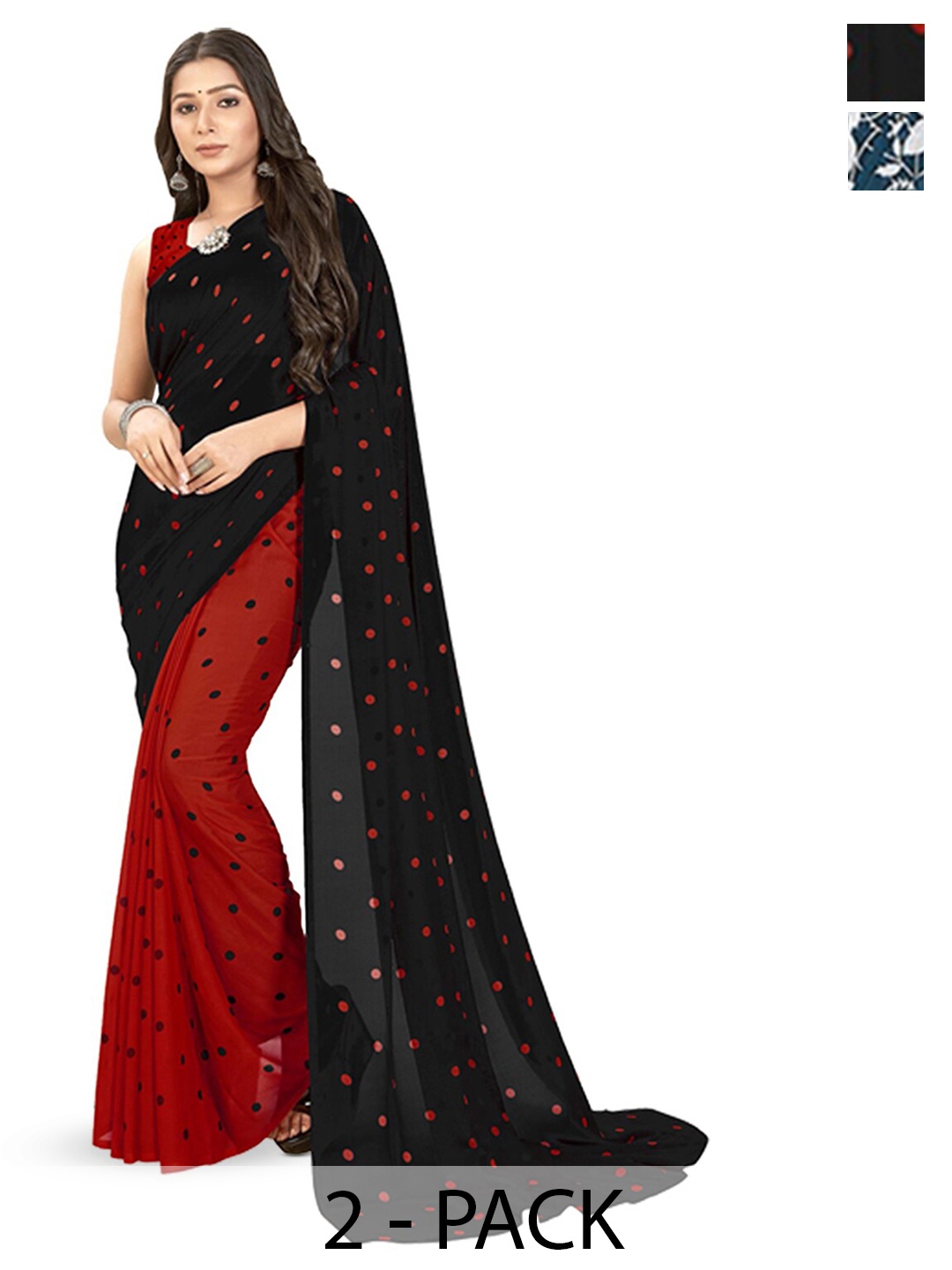 

ANAND SAREES Selection Of 2 Polka Dot Saree, Black