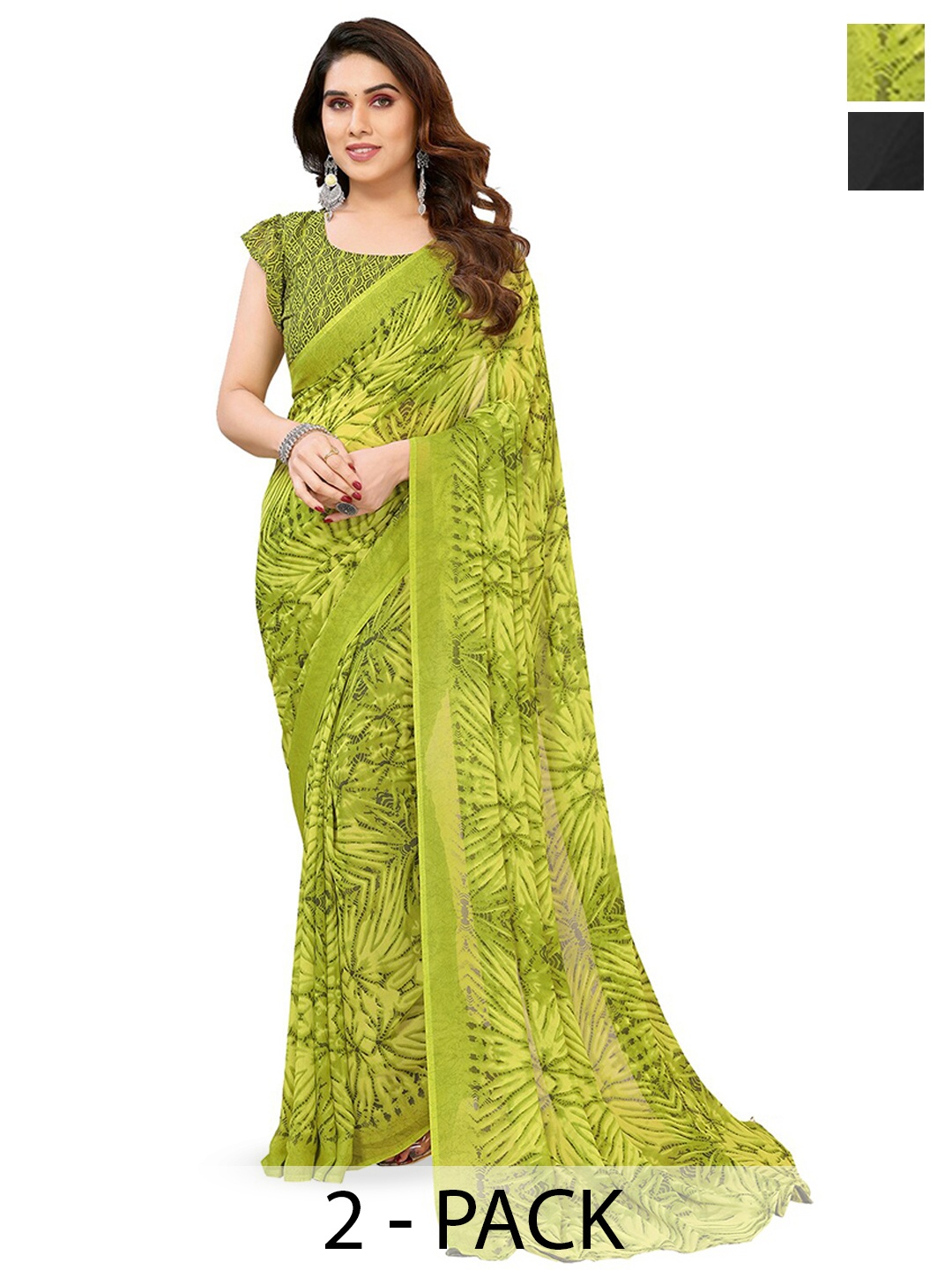 

ANAND SAREES Selection Of 2 Floral Printed Saree, Green