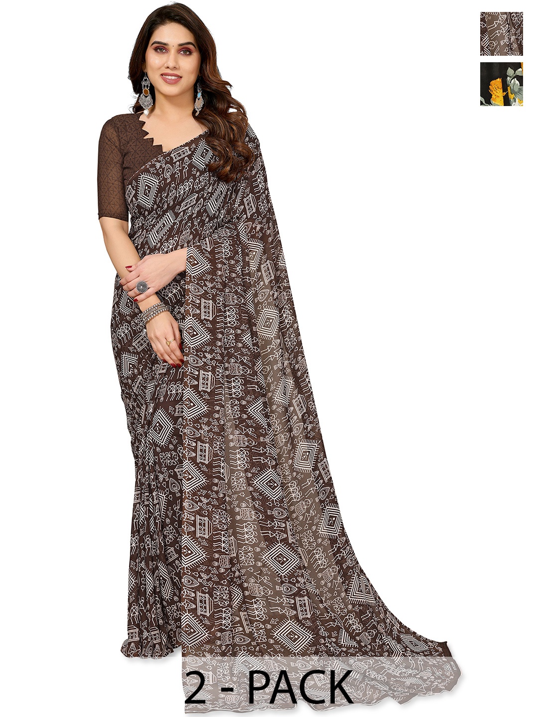 

ANAND SAREES Warli 2-Pack Saree, Brown