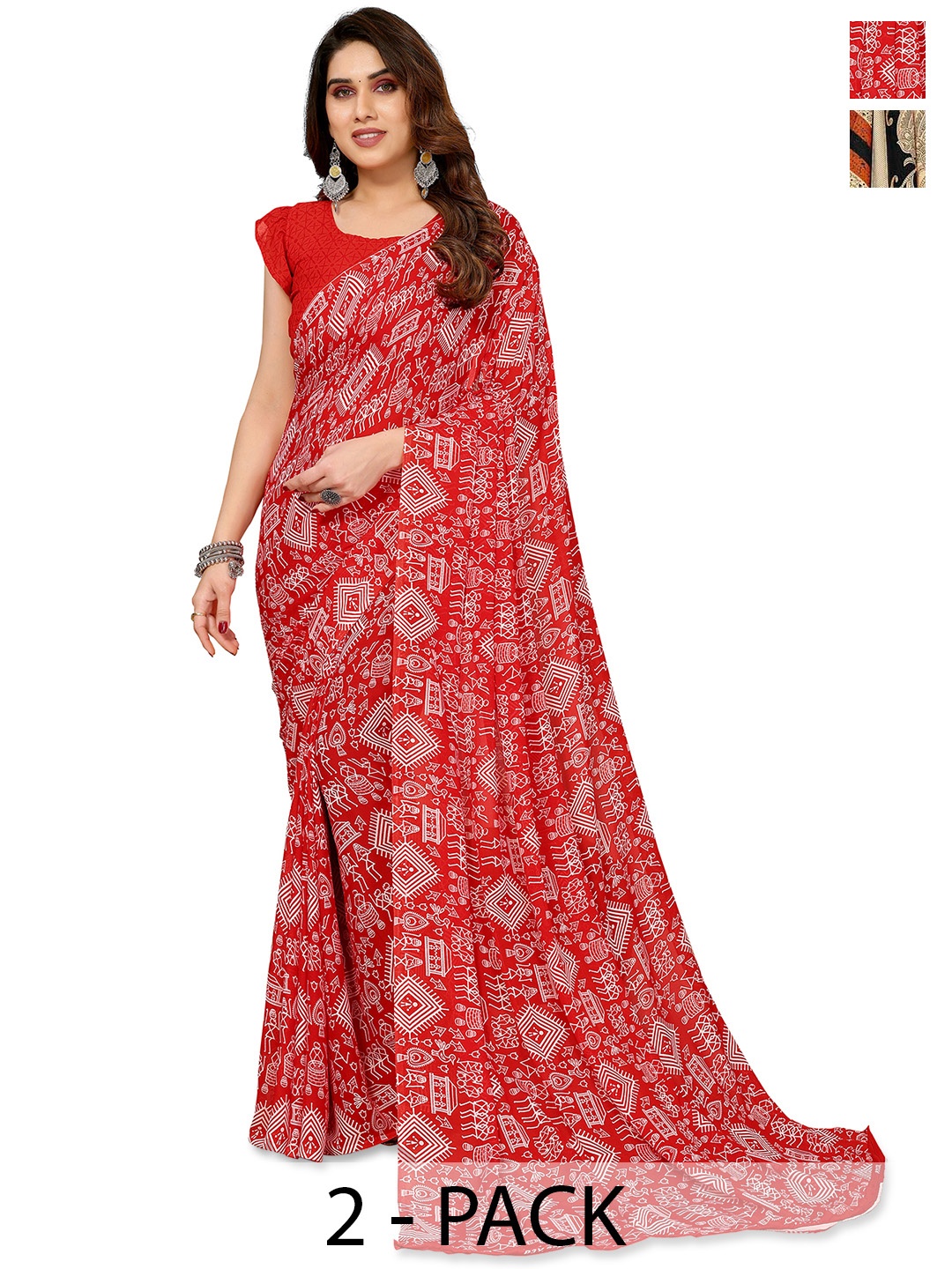 

ANAND SAREES Selection of 2 Warli Printed Saree, Red