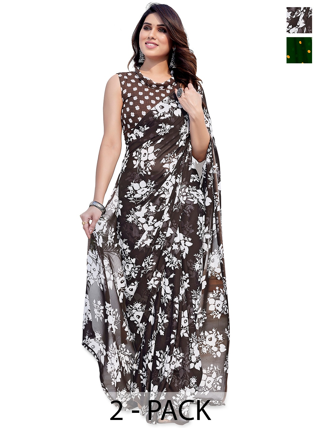 

ANAND SAREES Polka Dot 2-Pack Half and Half Saree, Green