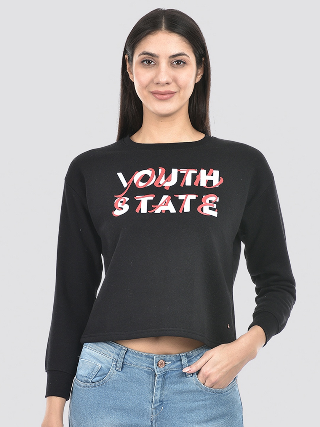 Numero Uno Typography Printed Long Sleeves Pullover, Black