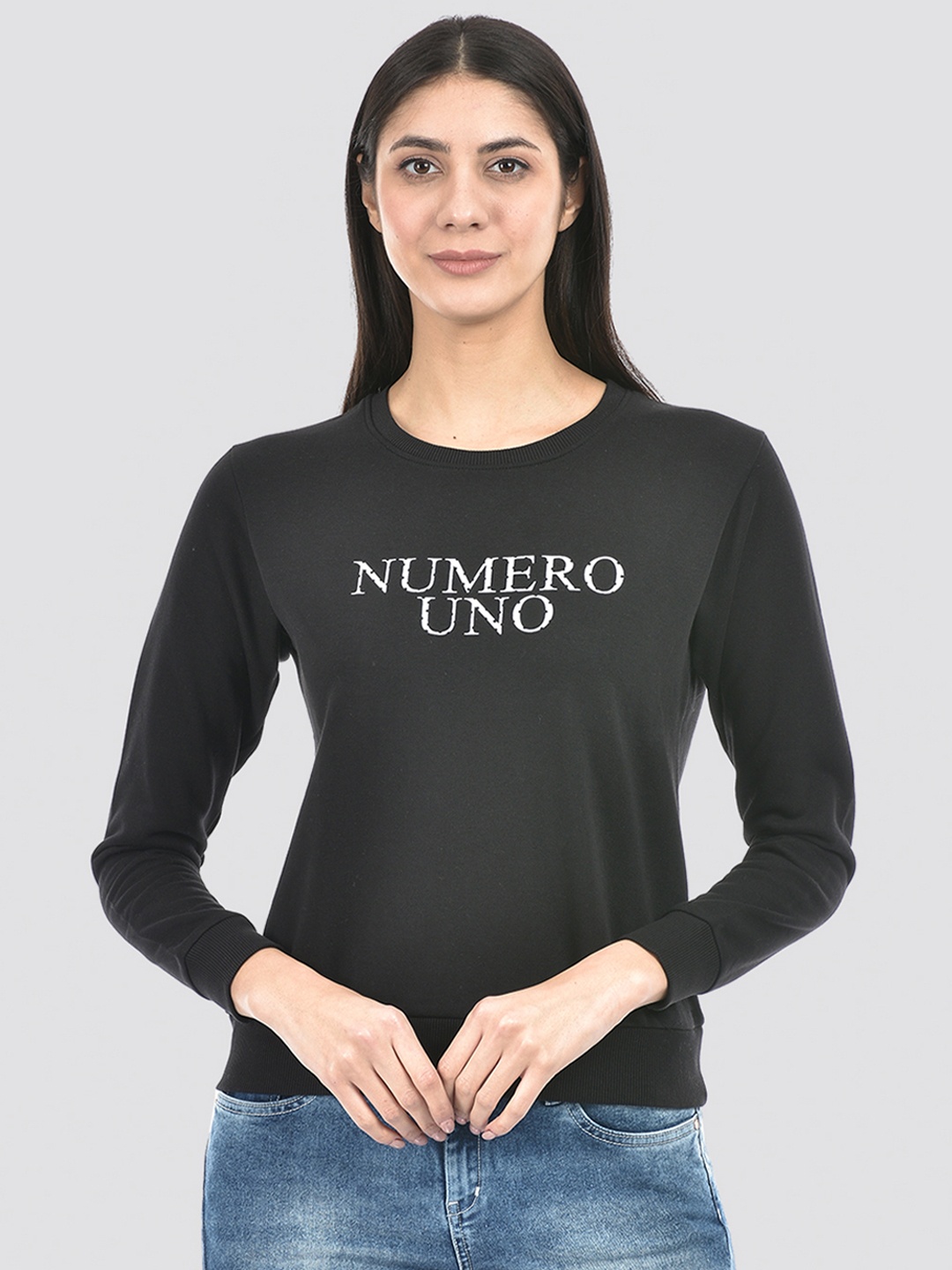 Numero Uno Typography Printed Long Sleeves Pullover, Black