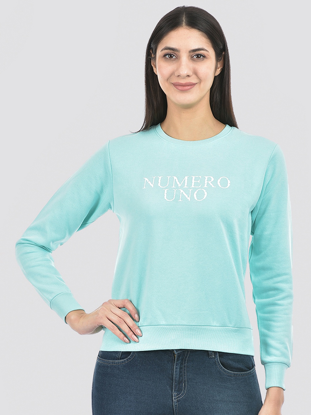 Numero Uno Typography Printed Round Neck Pullover Sweatshirt, Blue
