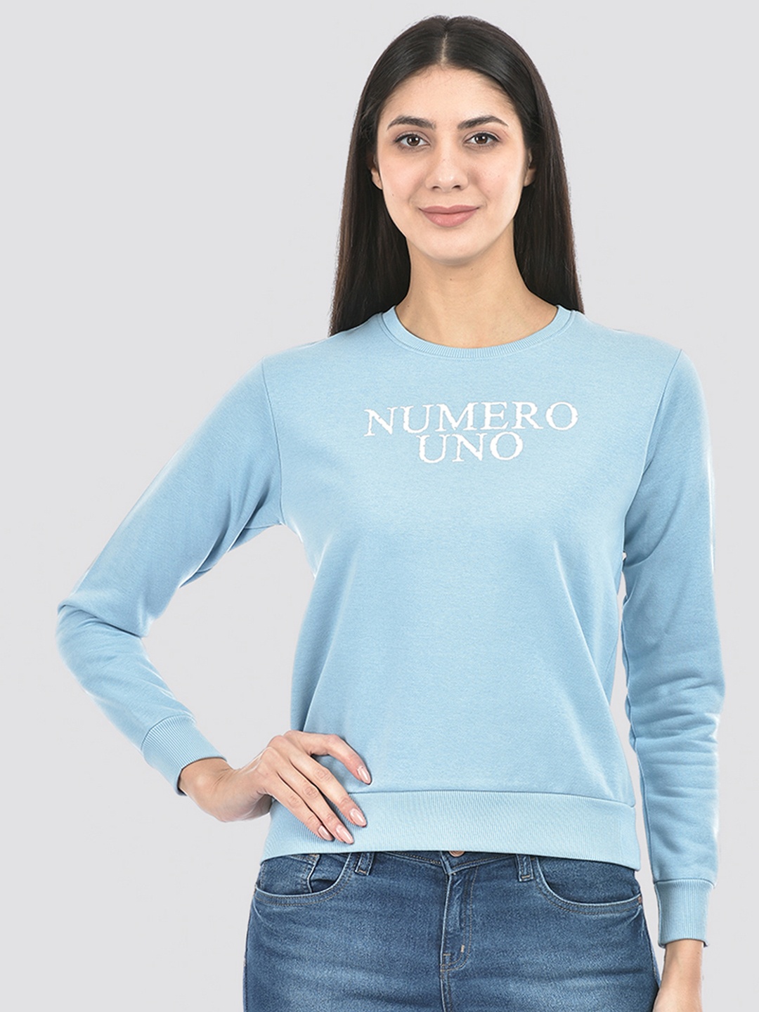 

Numero Uno Typography Printed Round Neck Pullover Sweatshirt, Blue