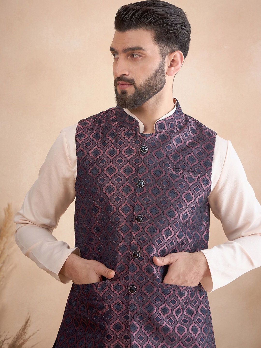 

House of Pataudi Jacquard Woven Design Mandarin Collar Nehru Jacket, Pink