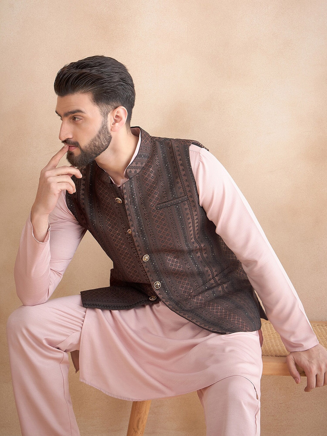 

House of Pataudi Jacquard Woven Design Mandarin Collar Nehru Jacket, Brown