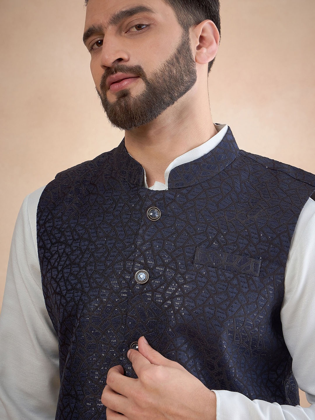 

House of Pataudi Jacquard Woven Design Nehru Jacket with Sequinned Work, Navy blue