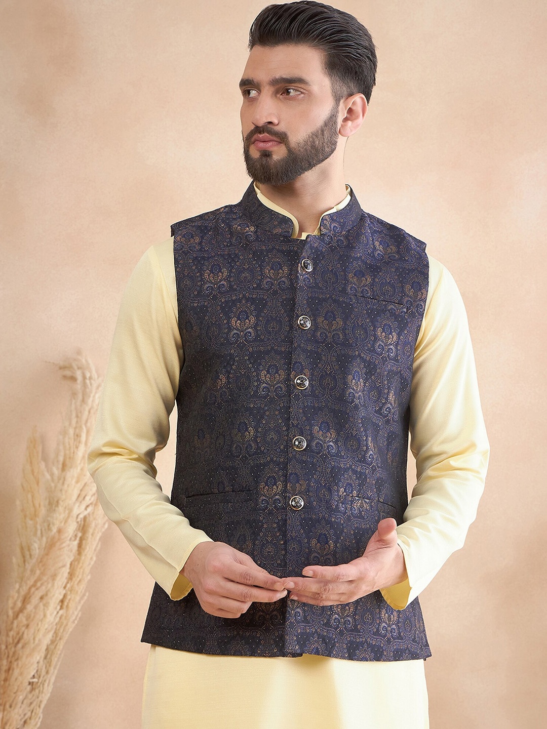 

House of Pataudi Woven Design Mandarin Collar Nehru Jackets, Navy blue