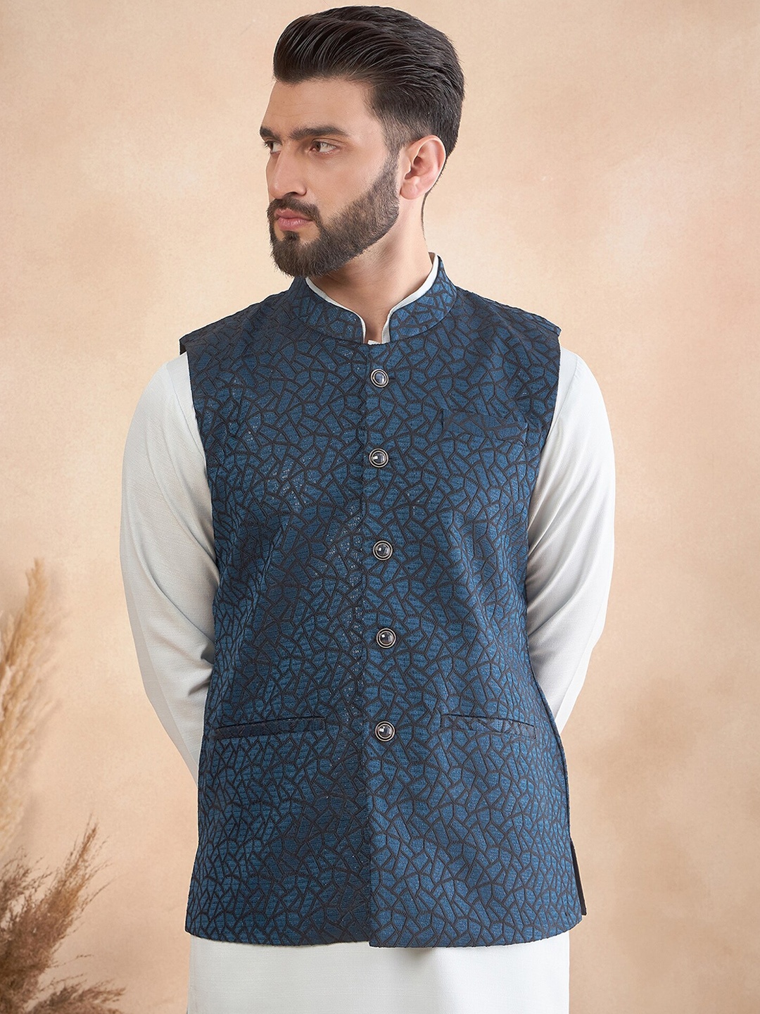 

House of Pataudi Embroidered Mandarin Collar Sequinned Nehru Jackets, Teal
