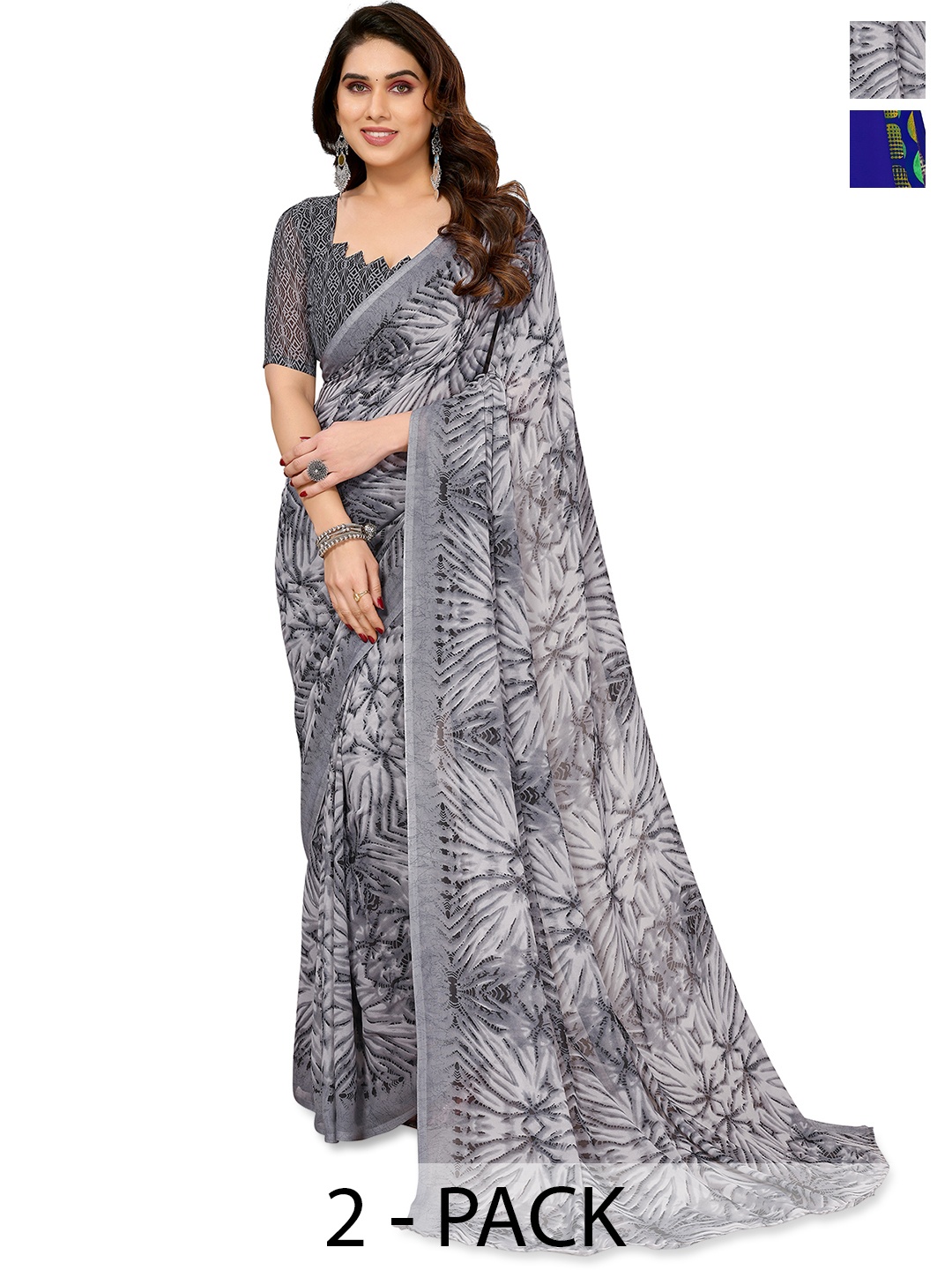 

ANAND SAREES Geometric Printed 2-Pack Saree, Blue