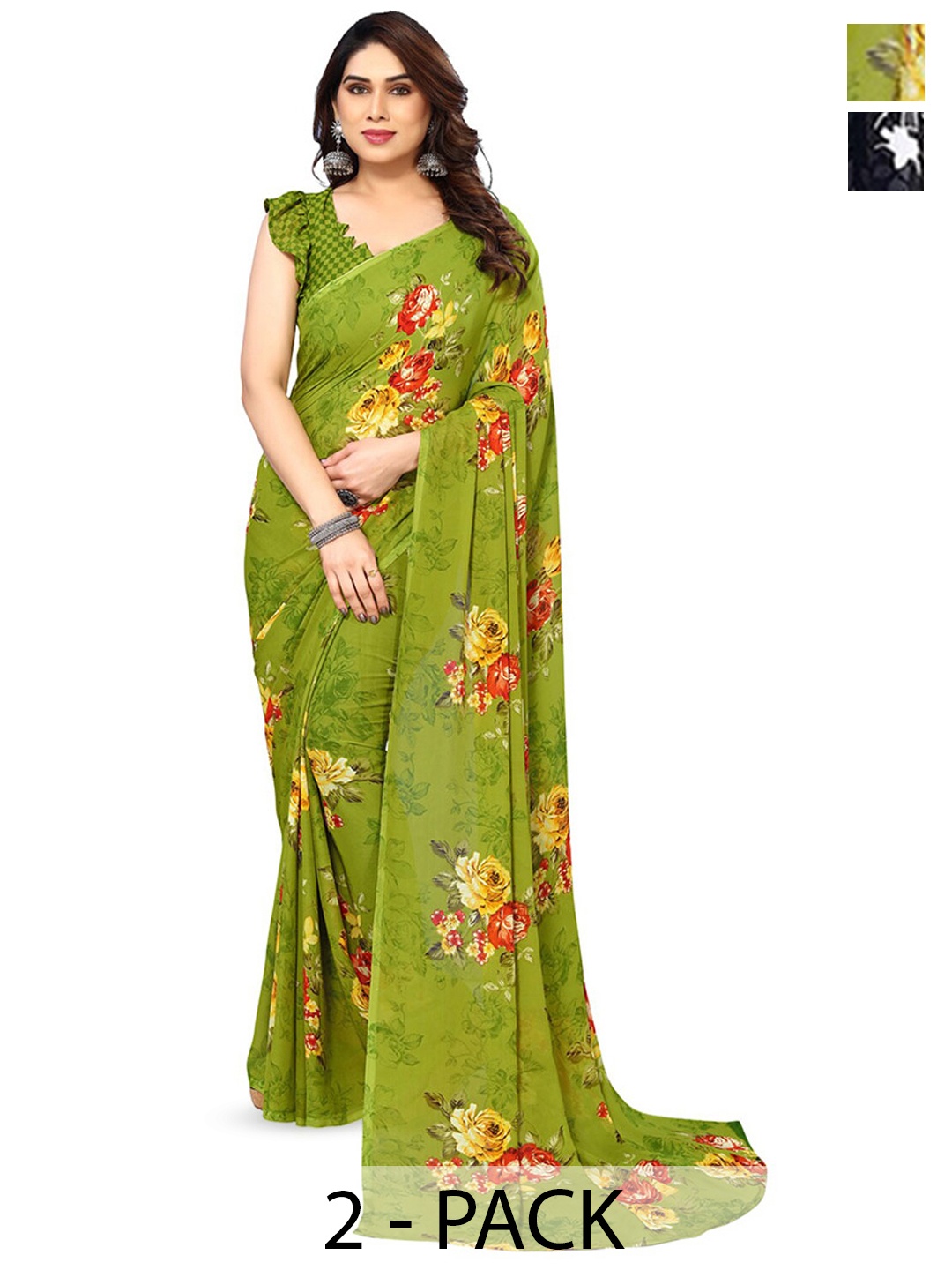 

ANAND SAREES Selection Of 2 Floral Printed Saree, Green