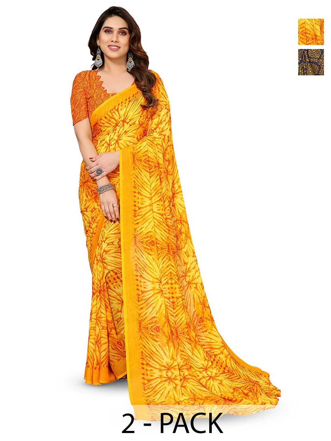 

ANAND SAREES Selection Of 2 Floral Printed Sarees, Yellow