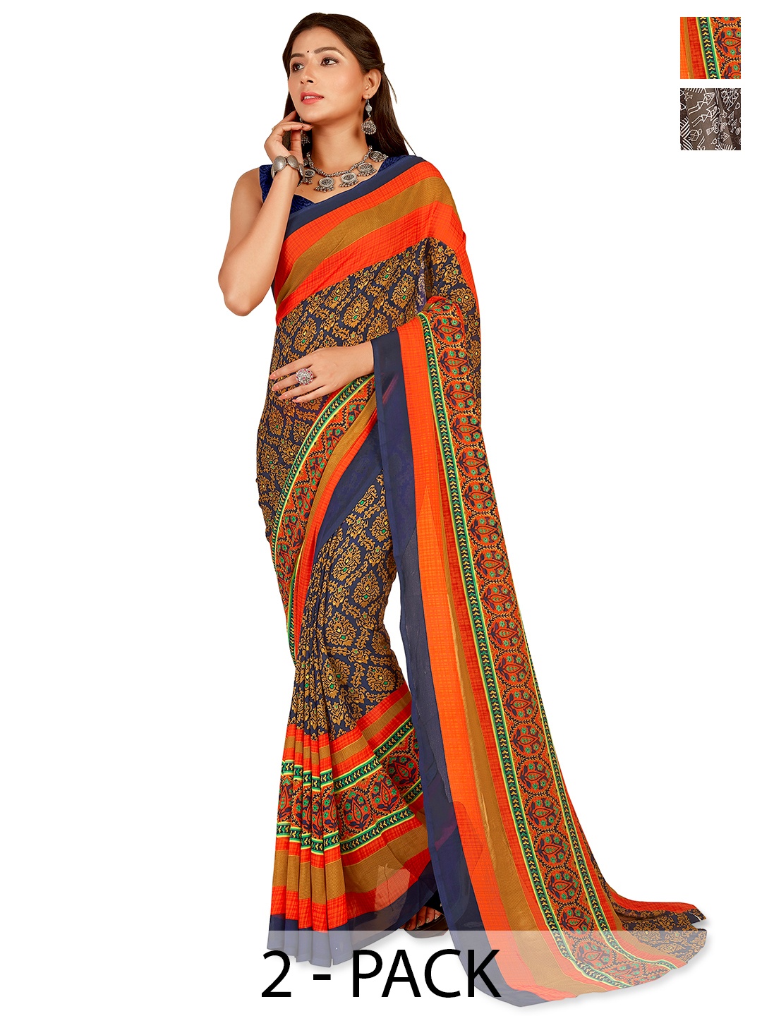 

ANAND SAREES Warli 2- Pack Saree, Brown