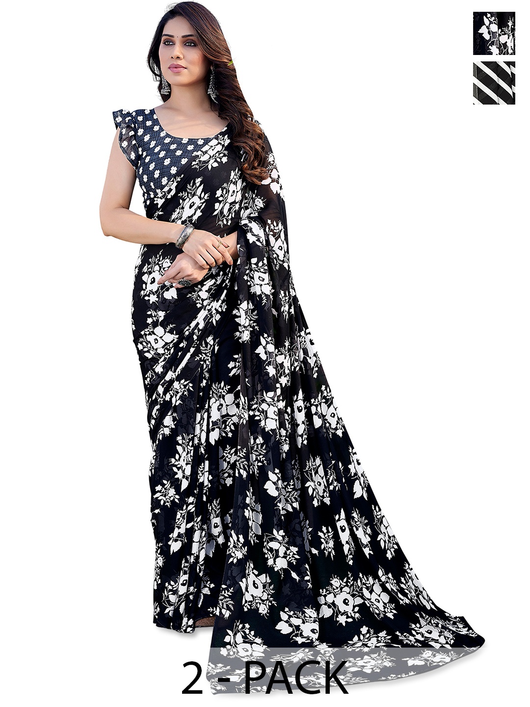 

ANAND SAREES Selection of 2 Floral Printed Saree, Black